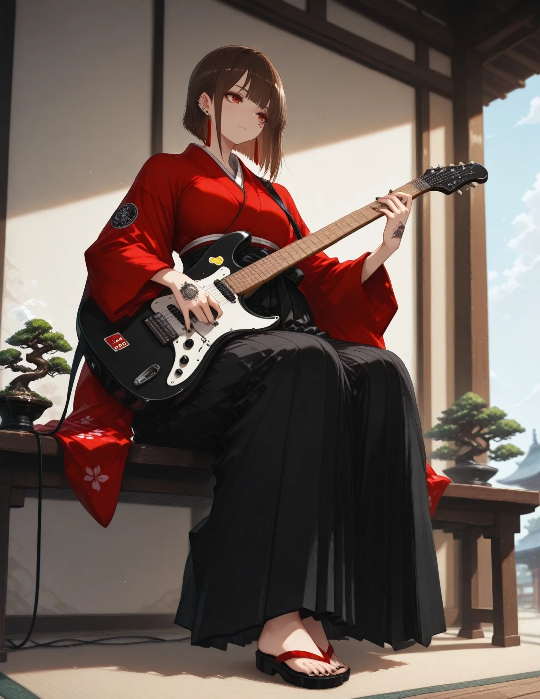 (masterpiece), (best quality), amazing quality, very aesthetic, 4k, 8k, 16k, 32k, nano details, (absurdres), large variant set, extremely_beautiful, sharp_detailed, sharp_focus, detailed anatomy, correct anatomy, perfect anatomy, extremely detailed hair, ambient occlusion, highres, 1girl, solo, skirt, brown hair, long sleeves, holding, jewelry, ruby eyes, earrings, japanese clothes, inverted_bob, wide sleeves, black footwear, kimono, nail polish, tattoo, piercing, sandals, black nails, ear piercing, straight hair, instrument, hakama, toenails, music, guitar, red kimono, holding instrument, sitting, (playing instrument), electric guitar, sticker, plectrum, hand tattoo, looking_afar, bonsai, detailed, depth of field, (nakamura_regura:0.30), (shimhaq:0.6), (k-suwabe:0.70), <lora:问_ズ_问_尺_闩:1.0000000000000002> <lora:PHM_style_IL_v4.1:0.7000000000000002> <lora:dkdraven_v9:0.6000000000000001>