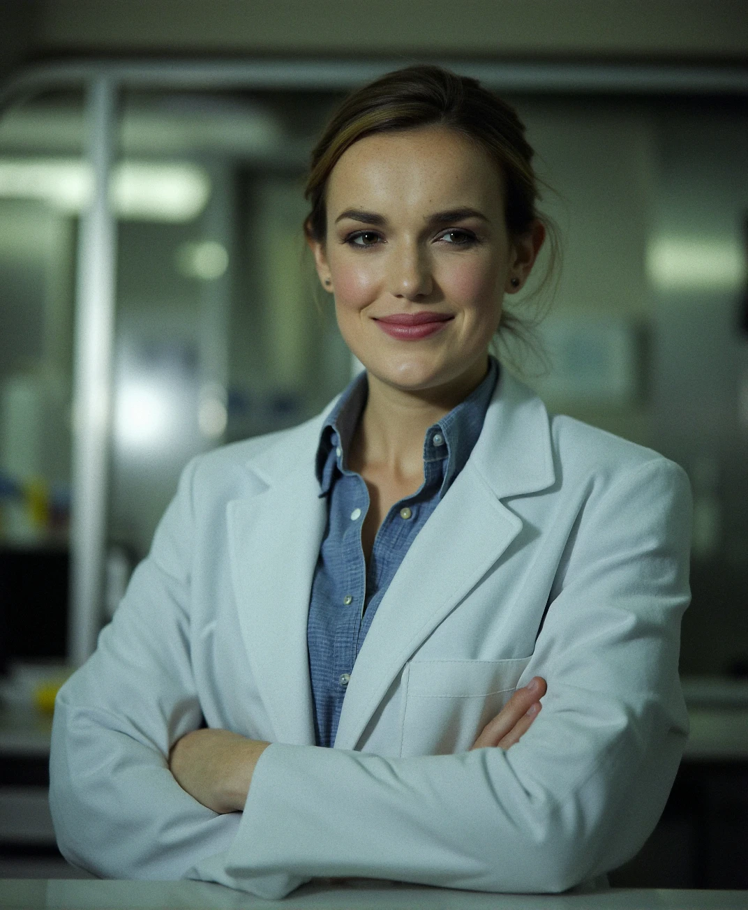 An analog photograph of (sks woman:1), wearing a white lab coat, working in a science lab