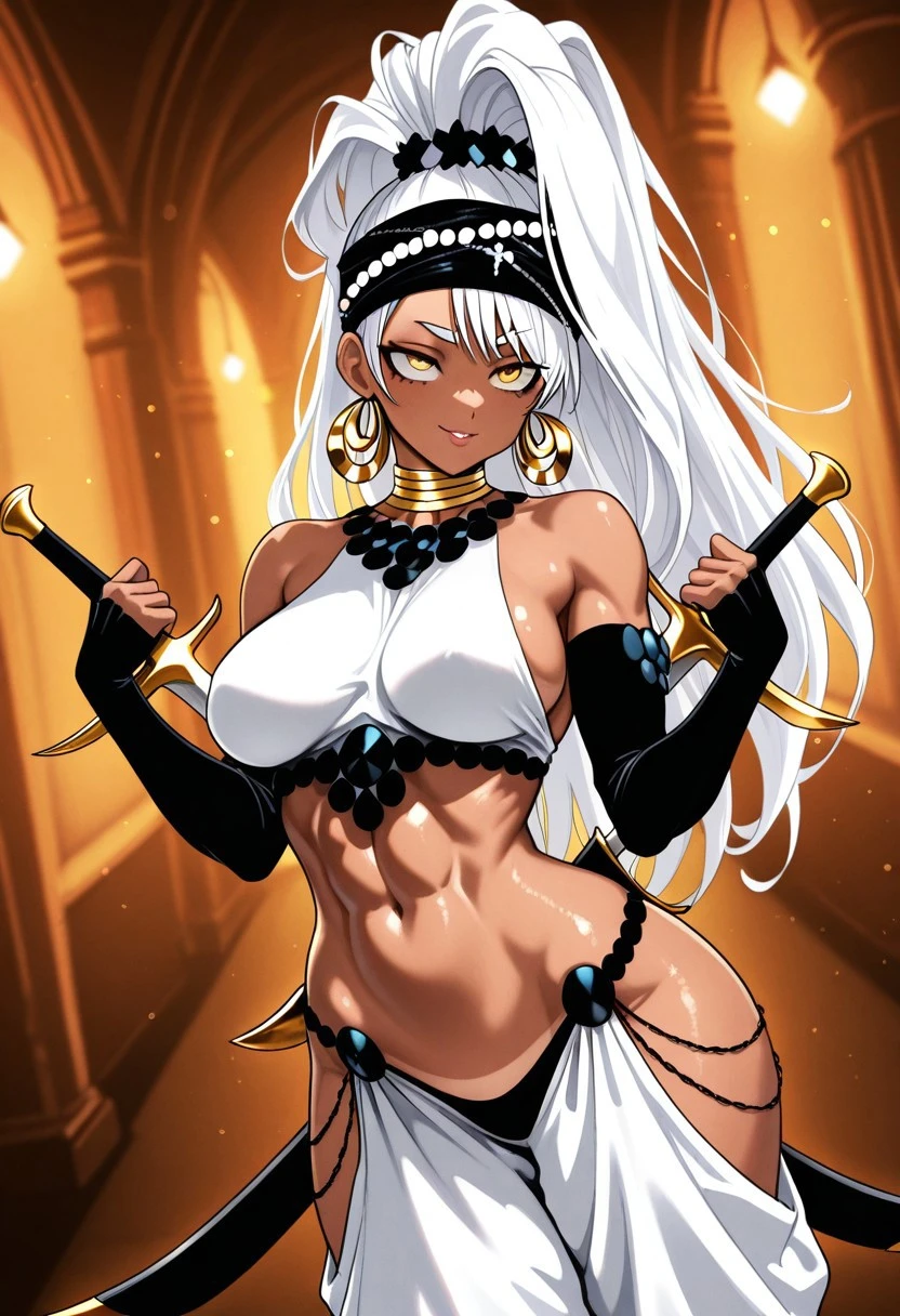 YutaOPM, 1girl, solo, tanned female, athletic figure, curvy figure, white hair, very long hair, hair ornament, high ponytail, hair band, headband, yellow eyes, lips, hoop earrings, dark skin, necklace, jewelry, large breast, white crop top, clothes ornament, side boobs, navel, midriff, groin, white pants, harem pants, side cutout pants, pants ornament, black gloves, elbow gloves, stirrup legwear, barefoot, weapon, dual wielding, sheath, bare shoulders, toeless legwear, baggy pants, abs,
,seductive pose, sexy pose, tease,
masterpiece, best quality, fine details, intricate details, depth of field, subsurface scattering, bokeh,
ultra-detailed, very aesthetic, detailed background, newest, scenery, highres, absurdres, colorful, vibrant, glowing, perfect face, 2d, perfect eyes, vibrant saturated colors, volumetric lighting, sharp, detailed eyes, perfect anatomy, perfect face, perfect eyes, mature body, clear eyes, beautiful eyes, athletic, curvy body, athletic girl, perky tits, perfect tits, round breasts, pinup pose, teasing, lustful expression, perfect hands,
muscular female, dutch angle,
,Smooth Negative, Smooth_Quality,