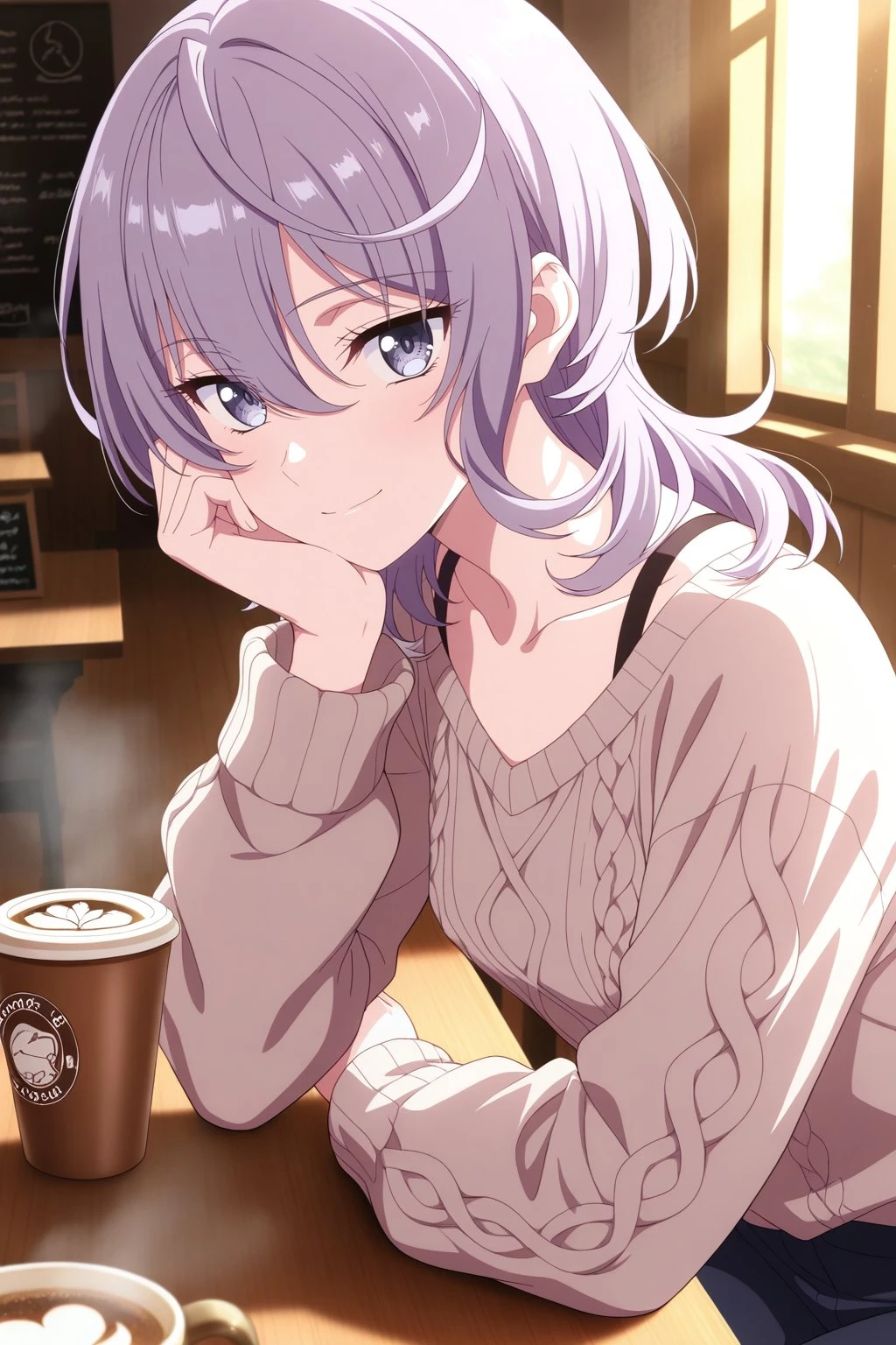 masterpiece, best quality, amazing quality, very aesthetic, absurdres, ultra detailed,
<lora:il_contrast_slider_d1 (ЦВЕТ КАРТИНКИ):-0.8>
<lora:Philia Adenauer:0.8> philia_adenauer, 1girl,
masterpiece, best quality, score_9, score_8_up,score_7_up,BREAK,source_anime,break,rating_ex, pov,
small breasts,
First-person view of a girl sitting across from me at a coffee shop table, facing me, her face glowing with a soft smile, resting her chin on her hand, smiling softly, A girl in a loose beige pullover sweater, cozy knit with long sleeves, draped over her shoulder, straps of her underwear visible, a steaming cappuccino on her side, warm sunlight casting shadows across the wooden table, cozy cafe with intricate details, no body visible, looking at viewer
