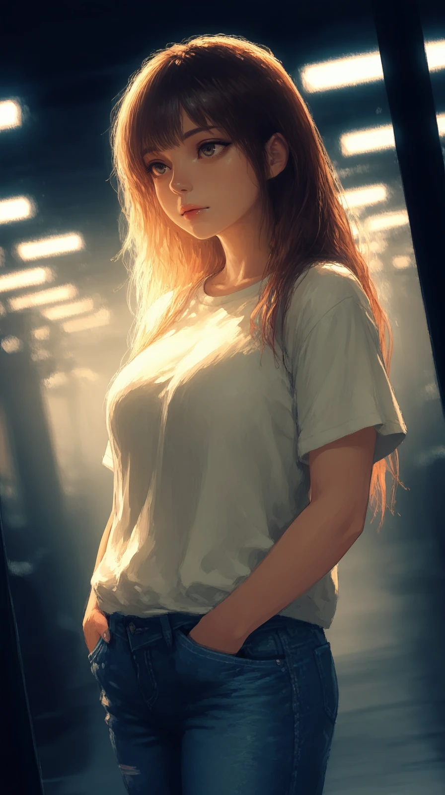 masterpiece, detailed_eyes, high_quality, best_quality, highres, absurdres, 8k, Jedst2, brushstrokes, pixel, masterpiece, best quality, 8k, DSLR photo, cinematic lighting, high detail, sharp focus, realistic skin texture, natural expression, plus-size model, hands in pockets, casual jeans and t-shirt, studio backdrop, low-key lighting, Dutch angle, dreamy eyes, <lora:Jedst2-000006:1>
