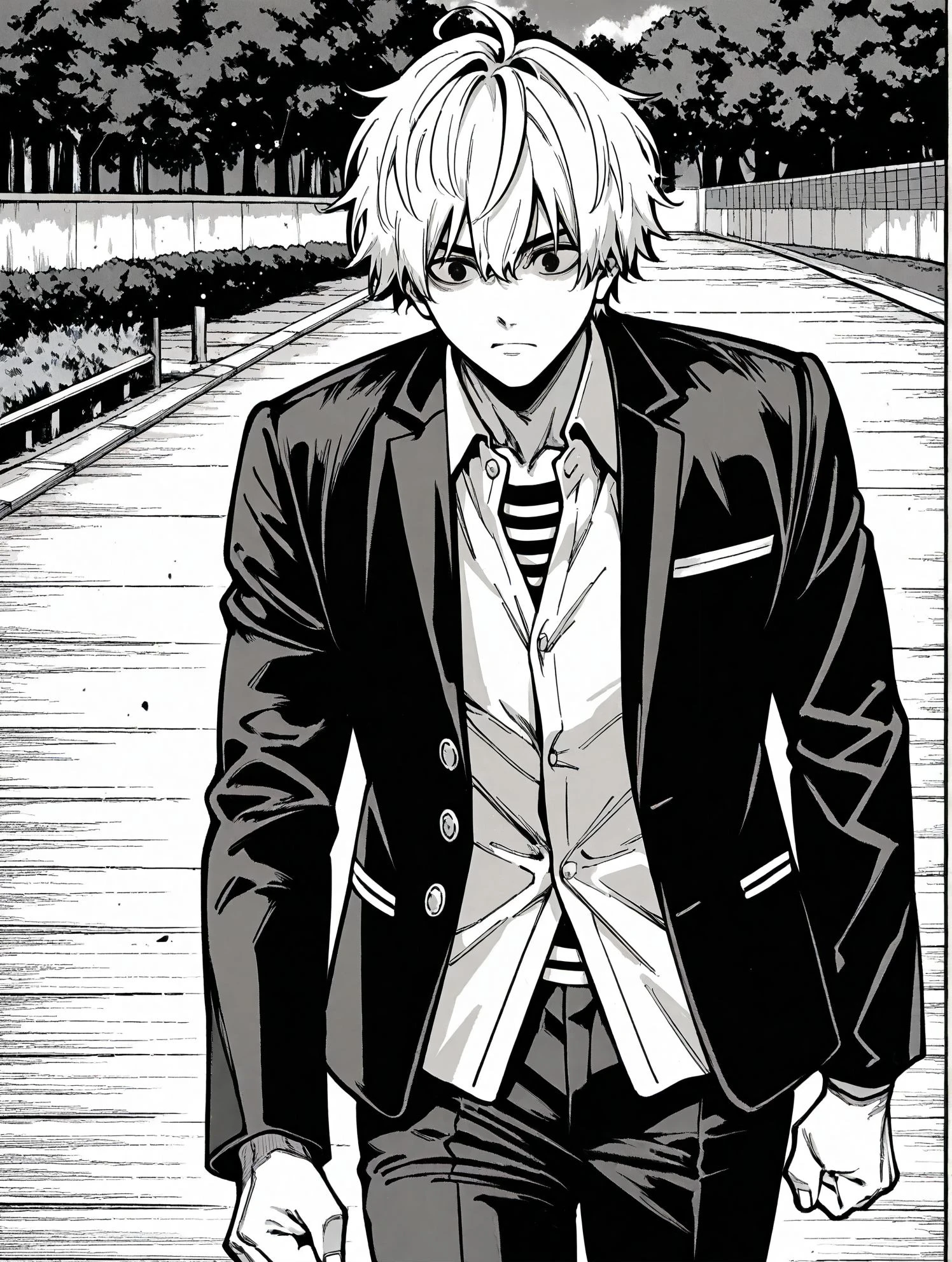 <lora:add-detail-xl:0.5>,masterpiecebest quality,anime coloring,anime screenshot,
<lora:bouryokubannzai:1>bouryokubannzaiV1,
monochrome,greyscale,1boy,male focus,pants,
b_ikushima,white hair, stripe inner , black jacket, collared shirt, open jacket,