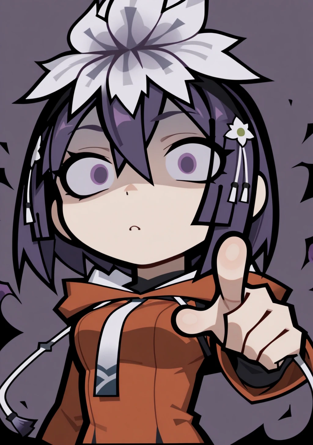 masterpiece, best quality, absurdres, perfect lighting,shiny skin,<lora:illustrious_noobai_epsilon_pred_1_best_quality_v1:1>,1girl,amane, purple eyes, purple hair, short hair, hair ornament,hair flower,<lora:amane:1>,orange dress,hood, long sleeves,necktie,zzzemoji,chibi,simple background,purple background, <lora:zzzemoji:1>,shaded face,expressionless,constricted pupils, glowing eyes,dark aura,upper body,pointing at viewer,