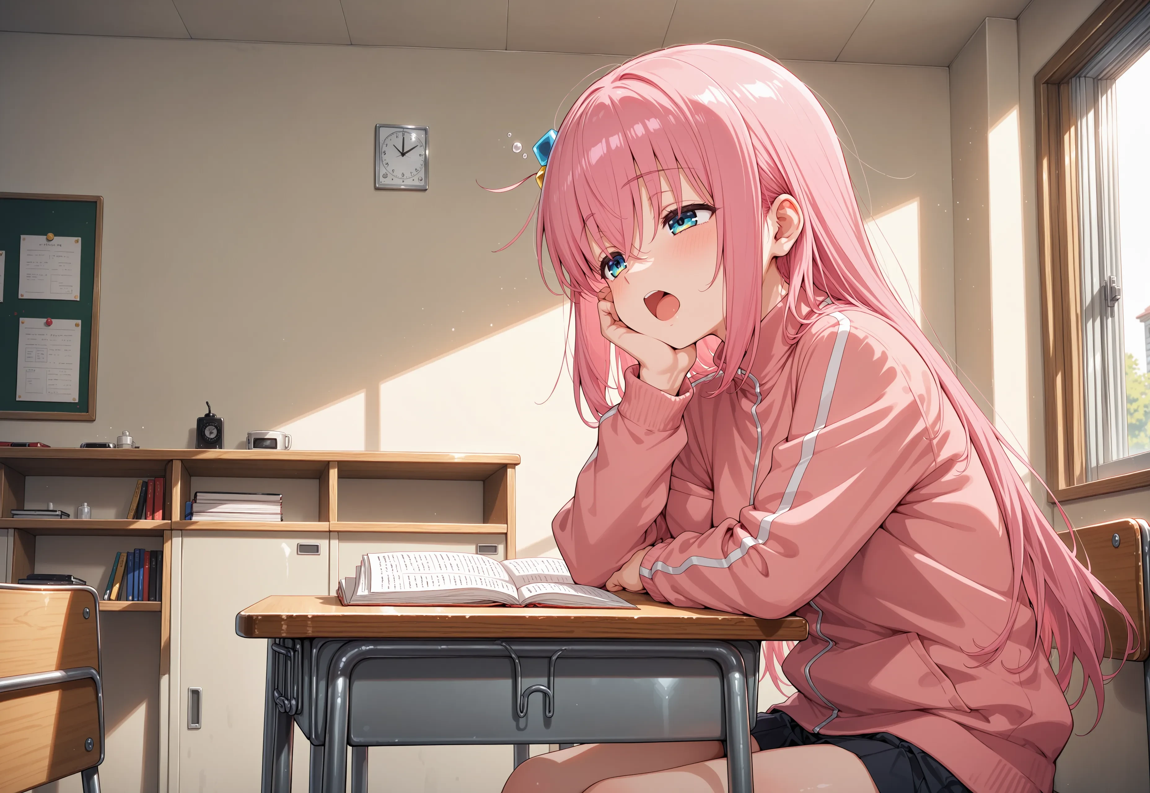 1girl,
gotoh hitori,
head rest,
sleepy,
yawning,
sitting,
looking at another,
arm support,
desk,
classroom,
masterpiece, best_quality,