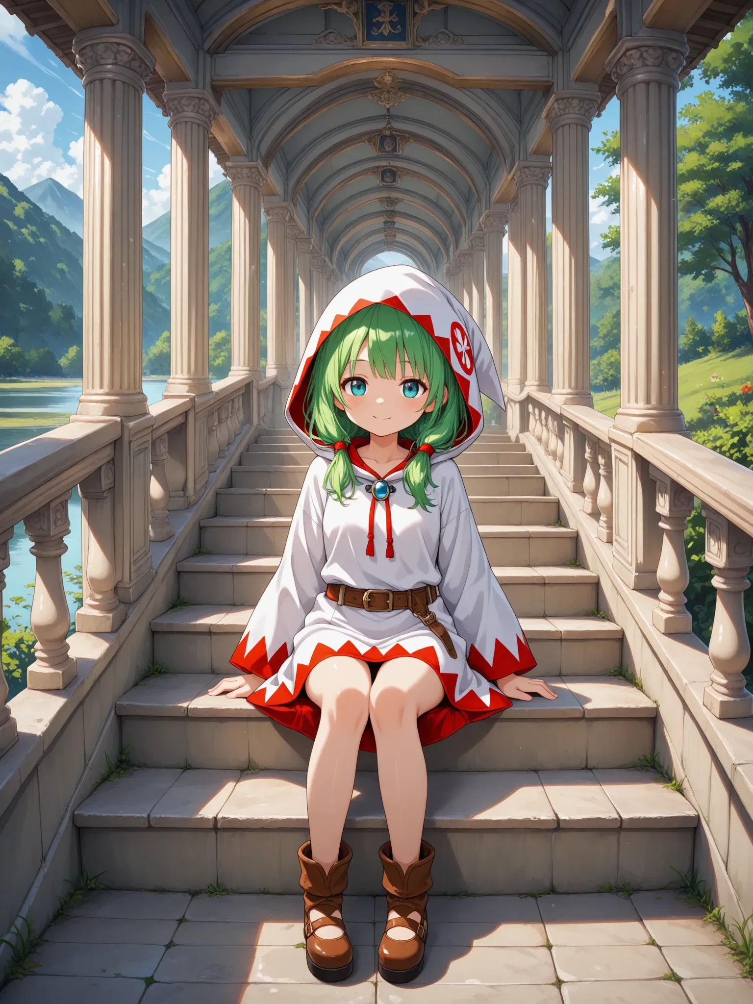1girl,
white mage (final fantasy),
sitting on stairs, stairs,
lake,
straight-on,
masterpiece, best_quality,