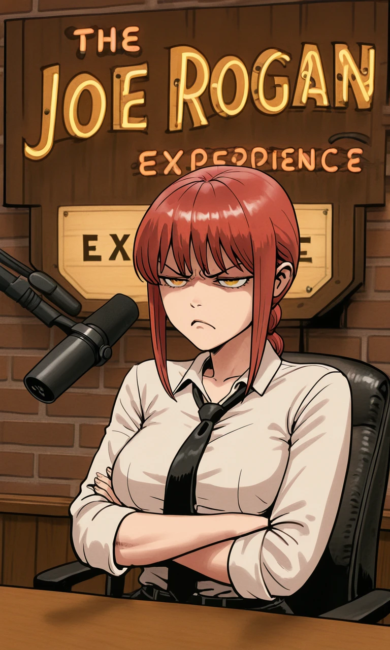 embedding:IllusP0s, the joerog an experience, sign, microphone, desk, wall, 1girl, makima, annoyed, arms crossed, white shirt, black tie, f3rn4nd0,<lora:Style_soph-Fernando-ILXL.safetensors:1.0:1.0> <lora:the joerog an experience_illustrious.safetensors:1.0:1.0>