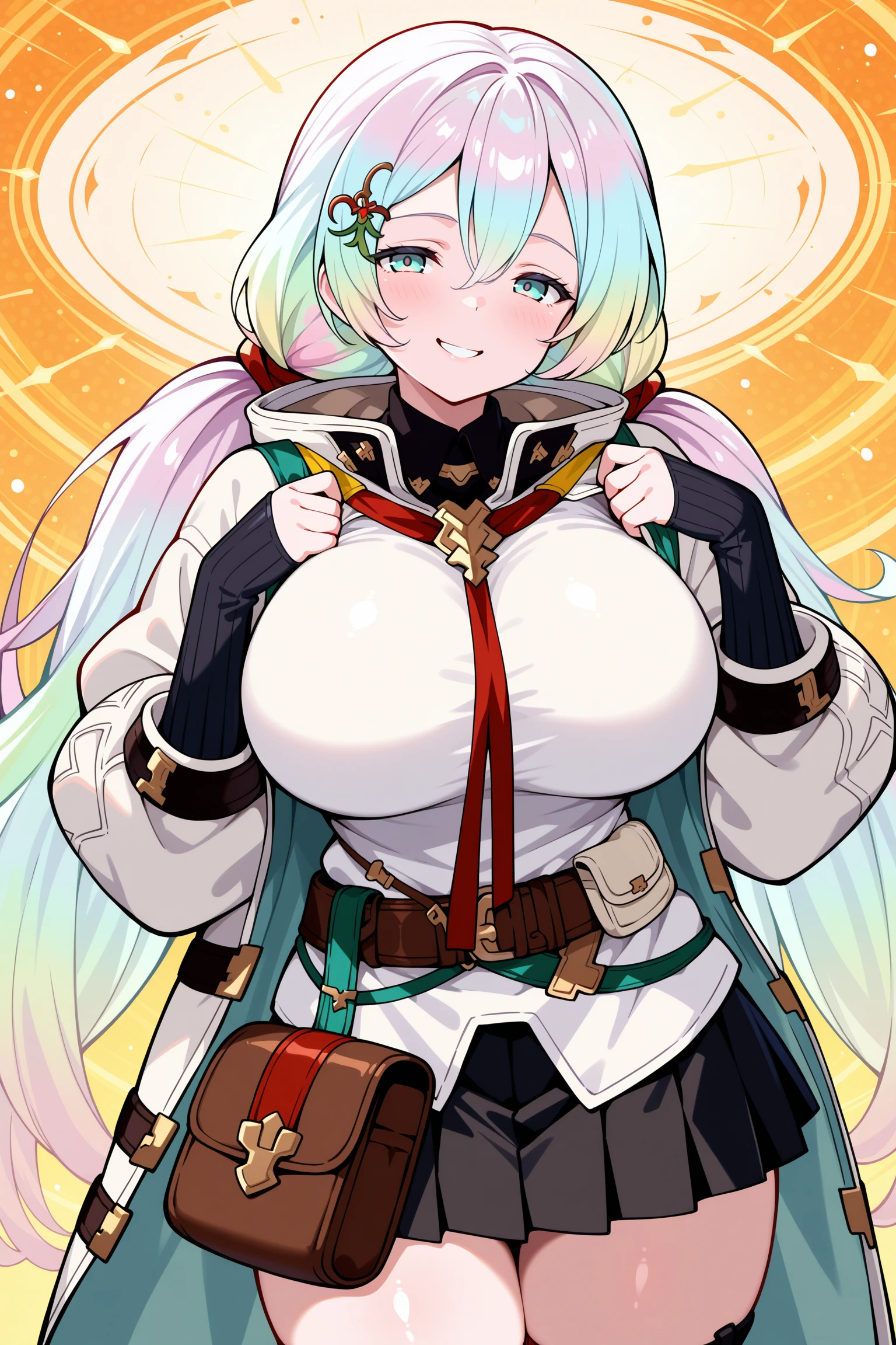 masterpiece, best quality, anime, 2d, 1girl, cupitan \(granblue fantasy\), aqua eyes, long hair, multicolored hair, low twintails, hairpin, detached black collar, multicolored neckerchief, untucked clothes, white clothes, open jacket, arm straps, fingerless elbow gloves, ribbed black elbow gloves, belt pouchs, black pleated skirt, miniskirt, ribbed red socks, brown footwears, <lora:CupitanNBCAMEq3v1.3 GBF:1>,abstract, absurdres, incredibly absurdres, establish, facing viewer, cowboy shot, shiny skin, abstract background, mature female, happy. naughty face,