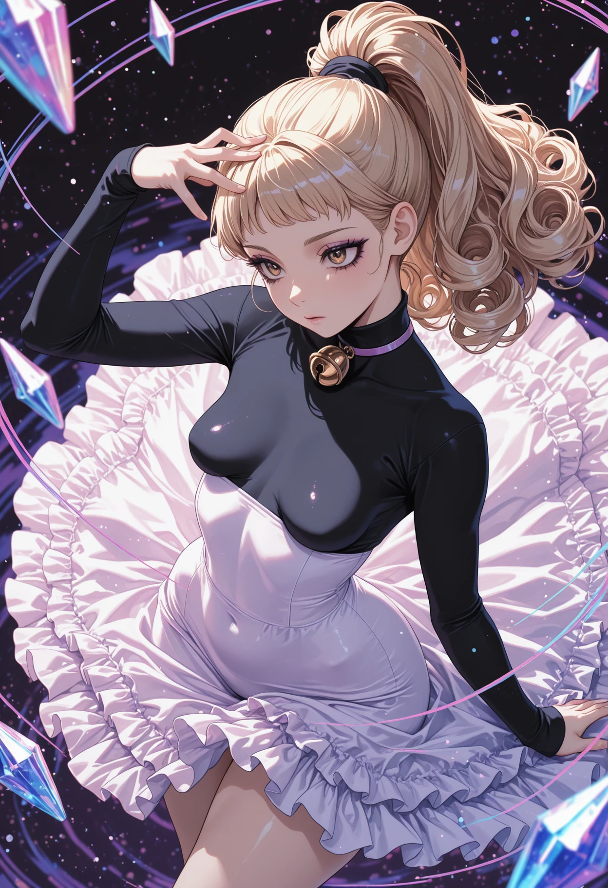 masterpiece, detailed_eyes, high_quality, best_quality, highres, absurdres, 8k, subject_focus, depth_of_field,
1girl, woman, blonde_hair, brown_hair, curly_hair, ponytail, long_hair, hair_behind_ear, short bangs, mascara, long_lashes, sultry_gaze, small_waist, saggy_breasts, small_breasts, wide_hips, thick_thighs, slim, frilly_dress, turtleneck_dress, choker, bell, vaporwave_colors, Twilight clouds, kaleidoscopic fragments, kaleidoscopic_crystals, neon particles, black_background, flirty, suggestive_pose, side_view, high_angle, dynamic_view, summer_breeze,