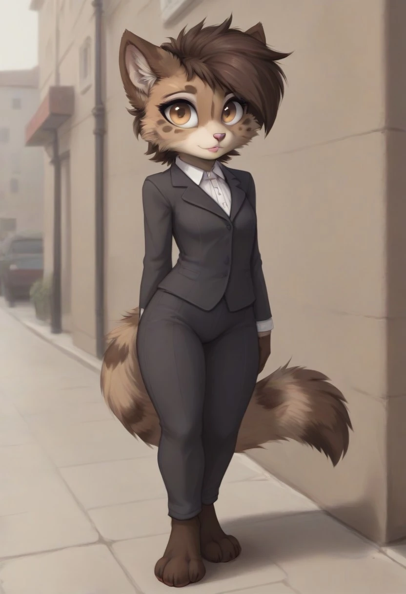 solo, dark brown, fluffy, fur, Large eyes, pink lipstick, civet cat, wearing a Pant suit, posing on the sidewalk,