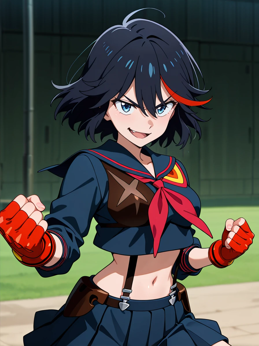 masterpiece, best quality, amazing quality, very aesthetic, absurdres, newest,shiny skin anime screenshot, anime coloring, <lora:MatoiRyukoIll:1>1girl, multicolored hair, black hair, solo, short hair, blue eyes, red hair, streaked hair, matoiuniform, school uniform midriff, smirk navel suspenders, red gloves fighting stance, open mouth, simple background, black hair,