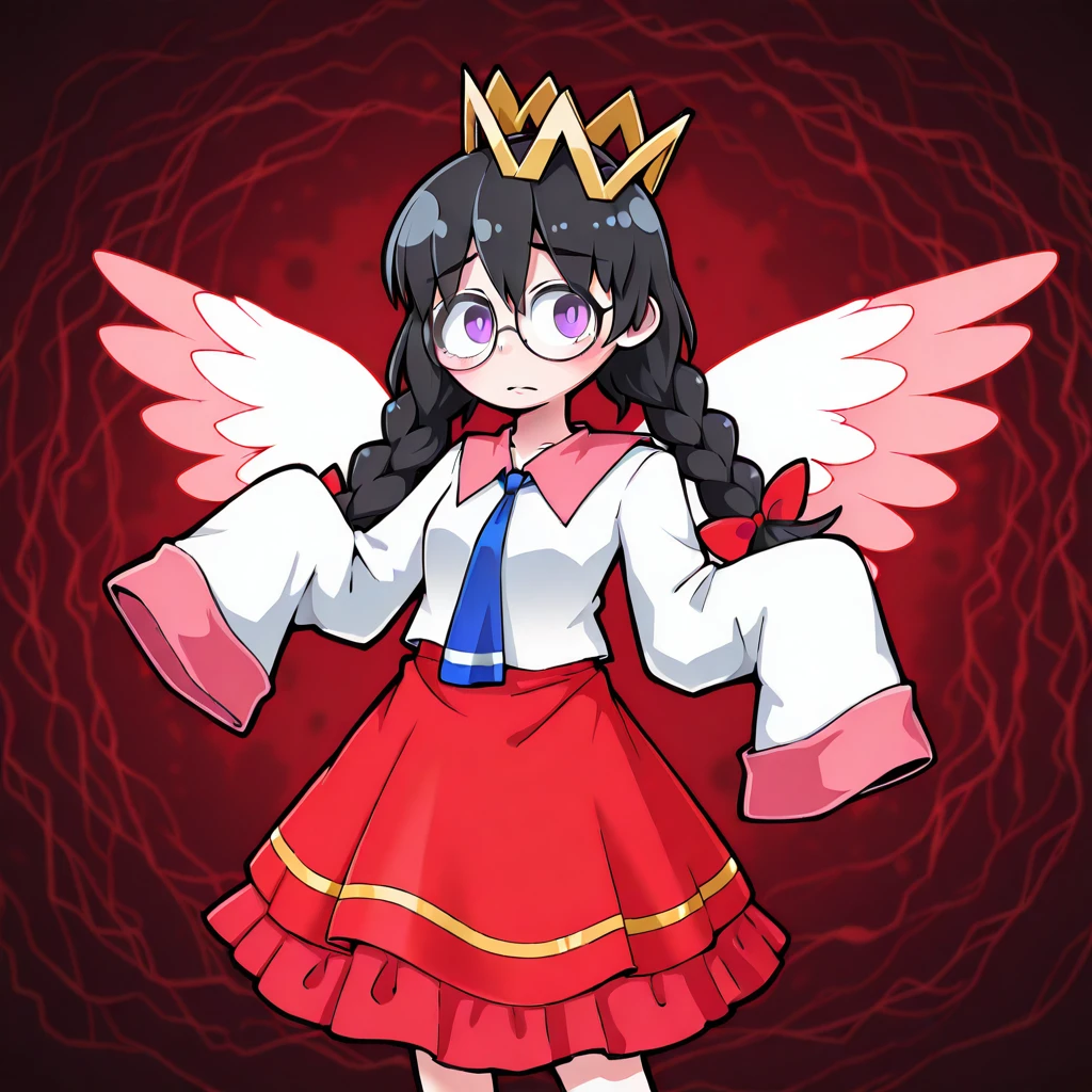 <lora:solidus:1.2>, BREAK, <lora:QueenRipple:1> queenripple, 1girl, solo, long hair, twin braids, black hair, glasses, ripplecrown, purple eyes, sleeves past fingers, round eyewear, blue necktie, skirt, wings, red skirt, white shirt