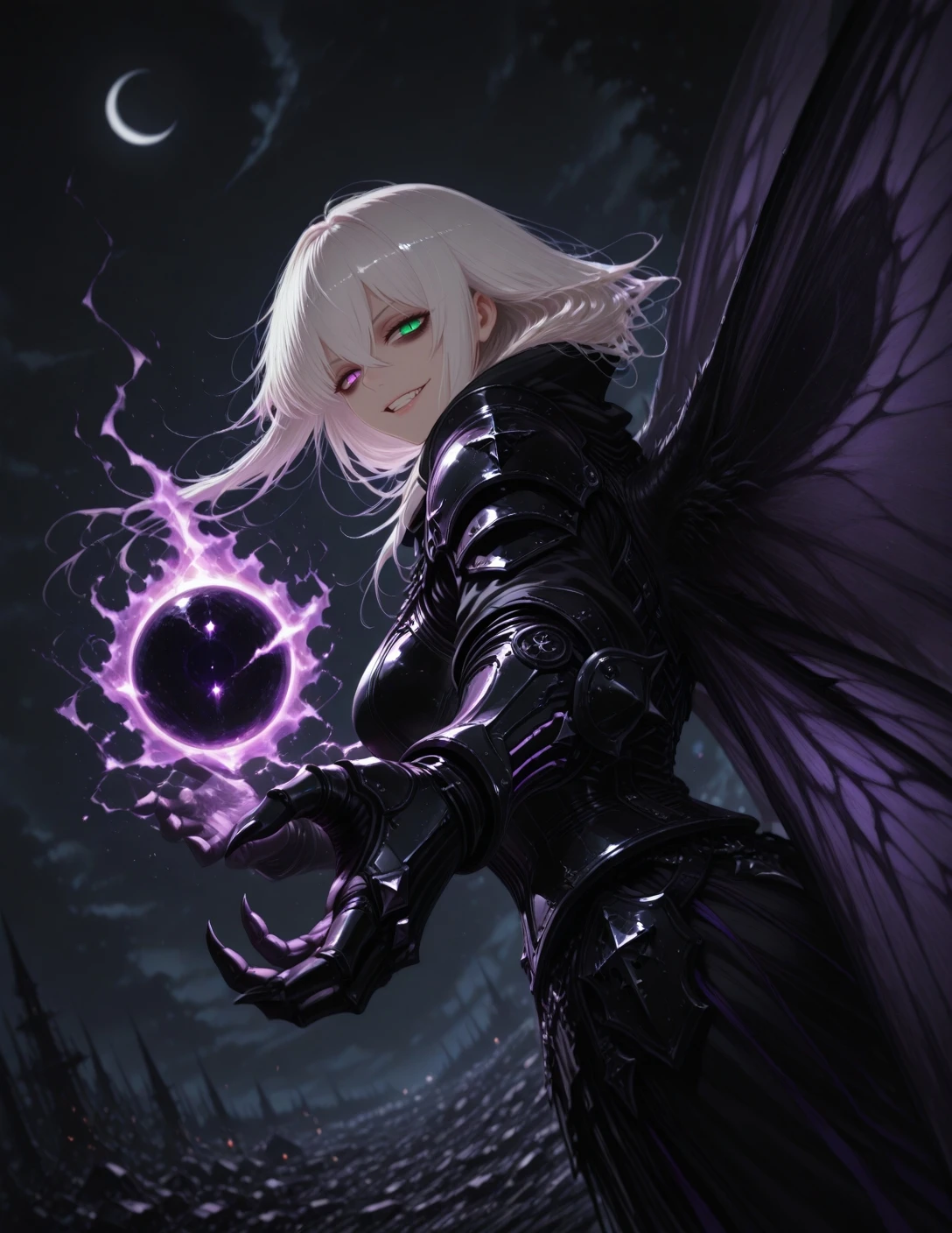 (masterpiece), (best quality), amazing quality, very aesthetic, 4k, 8k, 16k, 32k, nano details, (absurdres), large variant set, extremely_beautiful, sharp_detailed, sharp_focus, detailed anatomy, correct anatomy, perfect anatomy, extremely detailed hair, ambient occlusion, highres, 1girl, purple eyes, heterochromia, green eye, slit pupils, (white hair), long hair, sharp hair, messy hair, crazy eyes, bags under eyes, half-closed eyes, black coat, armored coat, detailed hands, pauldrons, (scaled armor:1.3), neon trim, purple trim, gauntlets, sharp fingers, looking at viewer, belt, insect wings, huge wings, tall wings, detailed teeth, (cryokinesis:1.1), (foreshortening), (dark_aura:1), energy trails, light particles, sinister, horror \(theme\), dynamic pose, upper body, rage, shouting, flying, from side, sideways, casting, magic, magic trails, outdoors, dark theme, frozen battlefield, moon eclipse, moon_aura, detailed, depth of field, (nakamura_regura:0.30), (shimhaq:0.6), (k-suwabe:0.70), <lora:问_ズ_问_尺_闩:1.0000000000000002> <lora:PHM_style_IL_v4.1:0.7000000000000002> <lora:dkdraven_v9:0.6000000000000001>