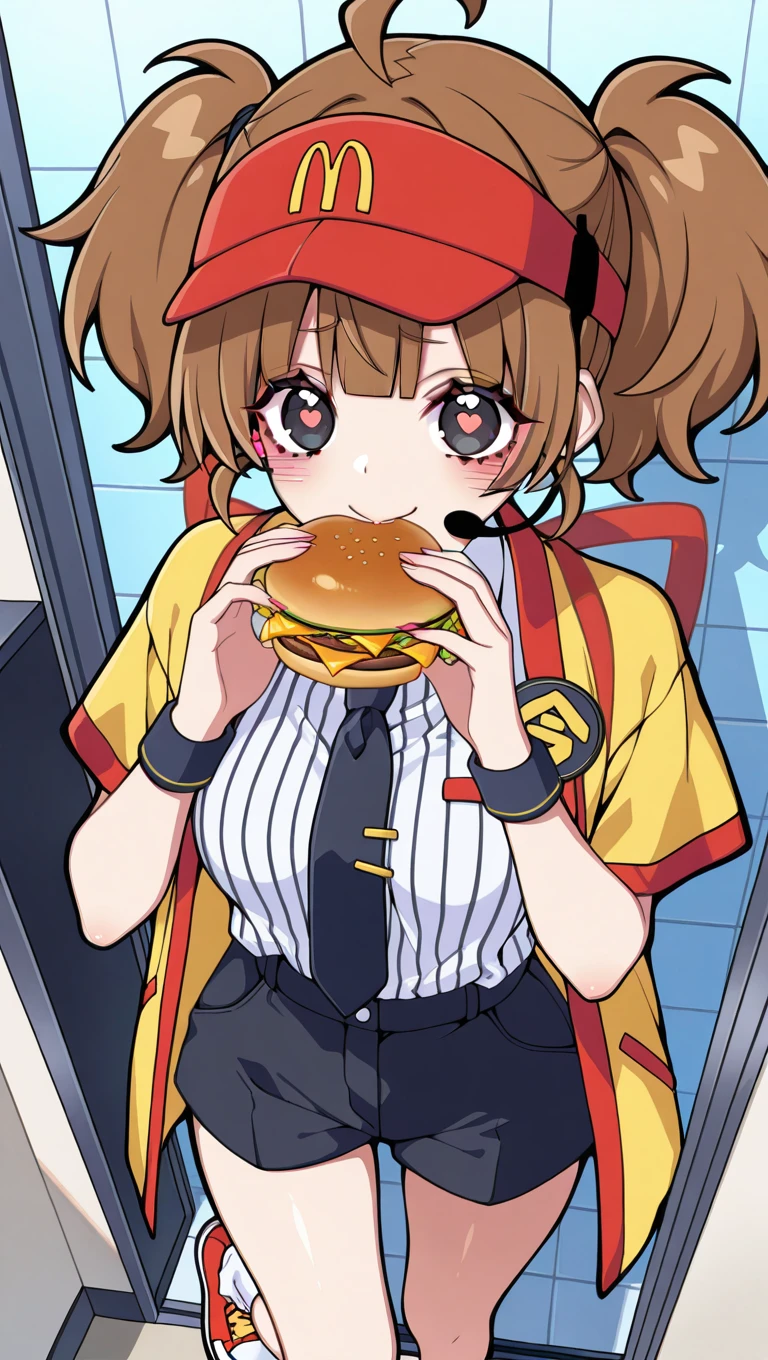 (masterpiece),best quality,amazing quality,very aesthetic,absurdres,newest,perfect body,shiny skin,perfect eyes,detail1eye,well-defined fingers,well-defined fingernails,anime style,indoors,1girl,solo,upper body,(portrait:1.5),looking at viewer,facing viewer,smile,blush,Kyouda Suzuka style,heart-shaped pupils,Double Cheese,ahoge,headset,visor cap,red headwear,long hair,brown hair,short twintails,blunt bangs,black eyes,employee uniform,yellow jacket,open jacket,black necktie,collared shirt,white shirt,vertical-striped shirt,badge,short sleeves,wristband,holding food,hamburger,medium breasts,shirt tucked in,black shorts,short shorts,thighs,white socks,sneakers,<lora:Double Cheese(mcdonald's)-Illus:1.6>,<lora:Kyouda Suzuka[style]-Illus:1.6>,