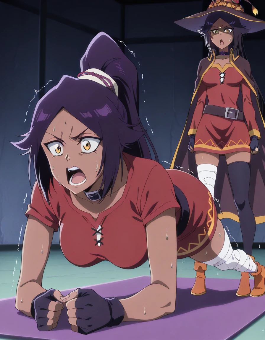 masterpiece, best quality, amazing quality,, <lora:yoruichi-shihouin-tybw-illustriousxl-lora-nochekaiser:1>, yoruichi shihouin, long hair, black hair, ponytail, dark skin, dark-skinned female, high ponytail, yellow eyes, mature female, breasts, anime screencap, <lora:megumin-cosplay-illustriousxl-lora-nochekaiser:1>, megumin cosplay, megumin (cosplay), thighhighs, gloves, hat, dress, black gloves, belt, black thighhighs, fingerless gloves, cape, collar, witch hat, bandages, red dress, single thighhigh, asymmetrical legwear, bandaged leg,, <lora:planking-illustriousxl-lora-nochekaiser:1>, planking, exercising, yoga mat, yoga, yoga pants, trembling, struggling, sweat, sports bra,, shaded_face, open mouth, , ,