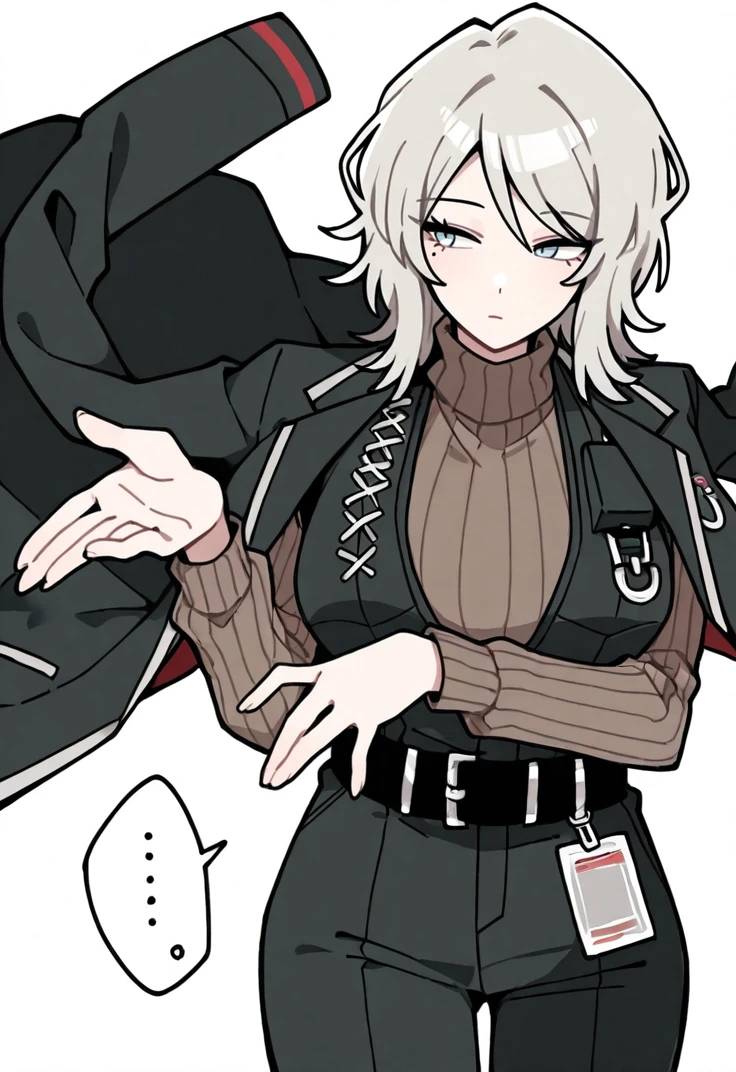masterpiece, perfect face, beautiful face, perfect hands, beautiful hands, <lora:Faust_Limbus_Illustrious:1>, FaustLimbus, FaustSinner, 1girl, solo, simple background, long sleeves, white background, closed mouth, jacket, grey hair, cowboy shot, belt, pants, medium hair, mole, sweater, coat, black jacket, blue eyes, turtleneck, ..., spoken ellipsis, black coat, turtleneck sweater, jacket on shoulders, coat on shoulders