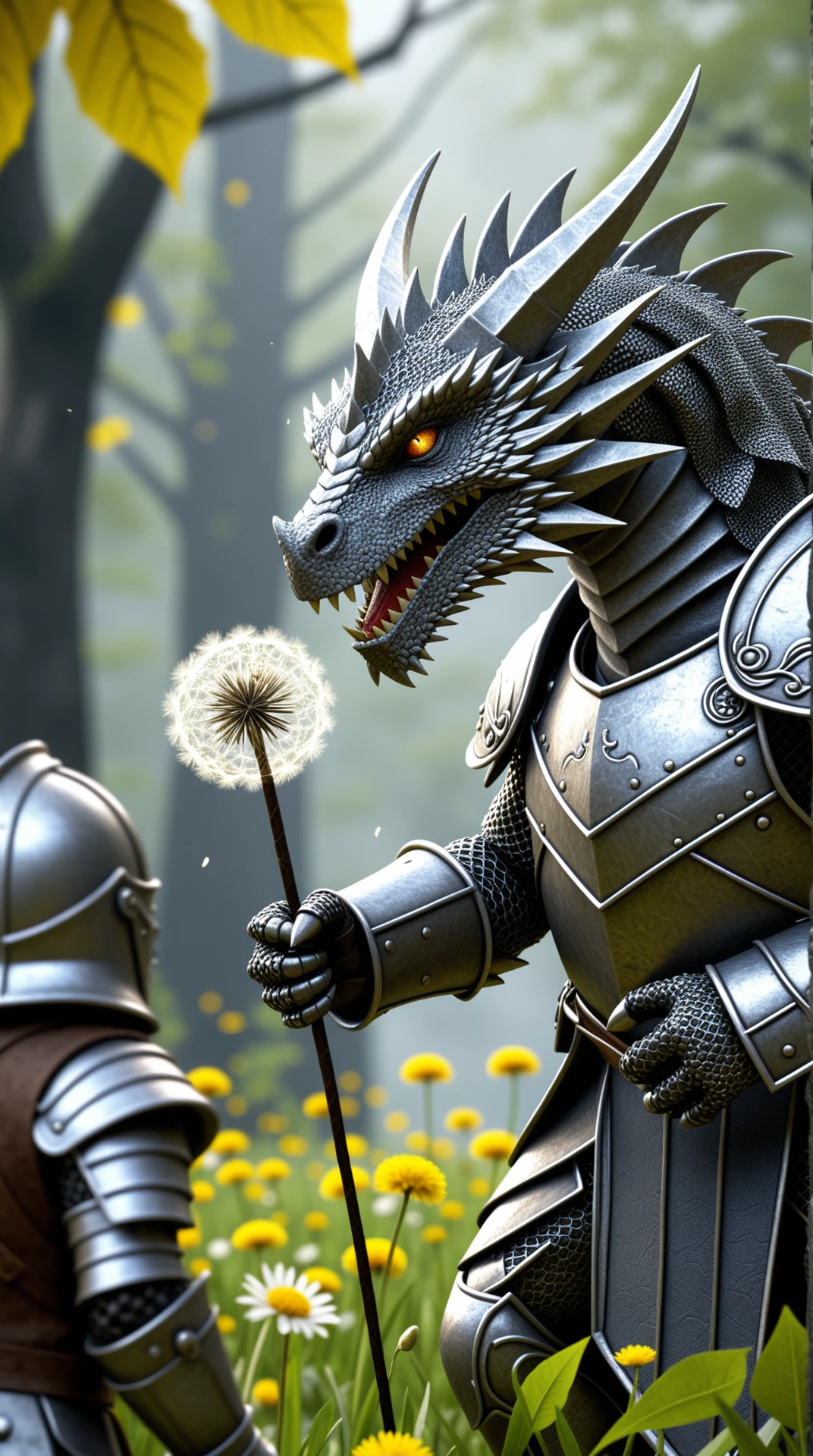 A closeup of a A pocket-sized dragon knight wearing a suit of silver leaves, carrying a dandelion lance, facing off against a giant angry creature, cinematic storybook fantasy style, richly textured backgrounds,