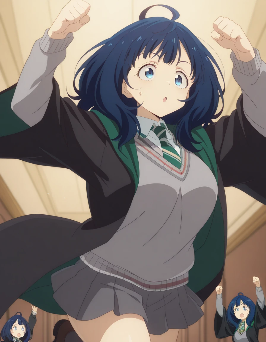 masterpiece, best quality, amazing quality,, <lora:anna-yanami-s1-illustriousxl-lora-nochekaiser:1>, anna yanami, yanami anna, medium hair, blue eyes, ahoge, blue hair, mature female, breasts, anime screencap, <lora:hogwarts-uniform-illustriousxl-lora-nochekaiser:1>, hogwarts uniform, slytherin, black robe, necktie, striped necktie, collared shirt, sweater, pleated skirt, grey sweater,, <lora:dynamic-pose-illustriousxl-lora-nochekaiser:1>, dynamic pose, jumping, cowboy shot, sweating_profusely, , , ,