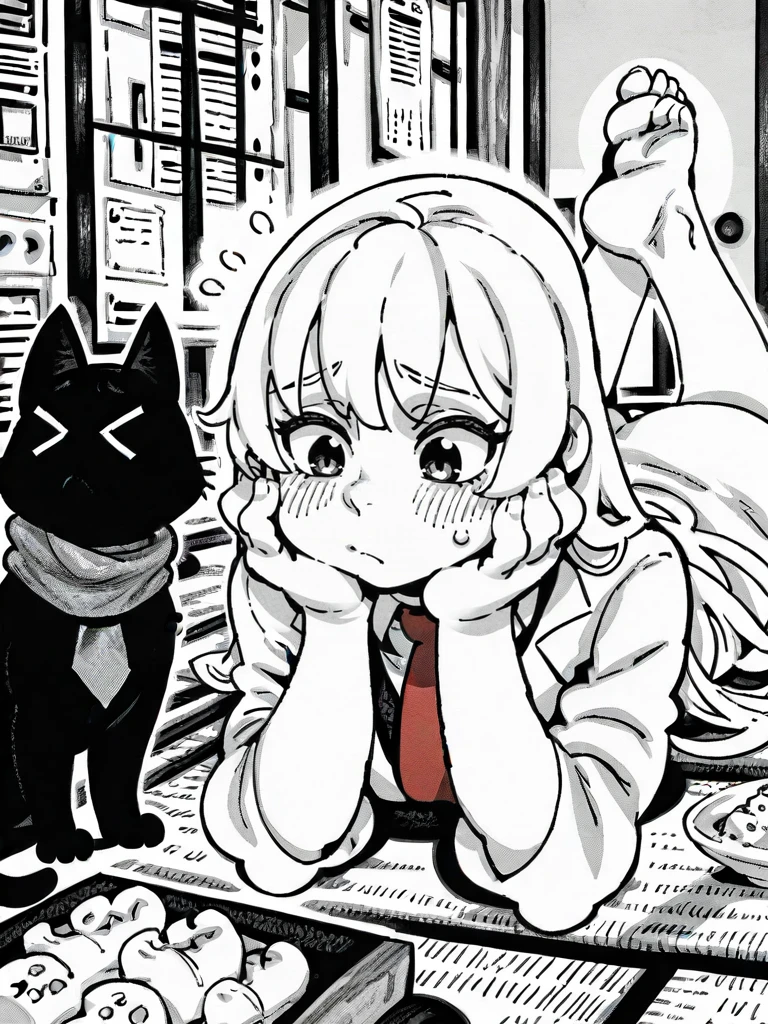 HandBeardXLP, monochrome, hatching (texture),
1girl, long hair, blush, eyes, hair, lying, food, necktie, barefoot, indoors, scarf, feet, toes, soles, animal, flying sweatdrops, cat, red necktie, on stomach, > <, head rest, lab coat, tatami, black cat, the pose,
<lora:ABearHand_style-12:1>