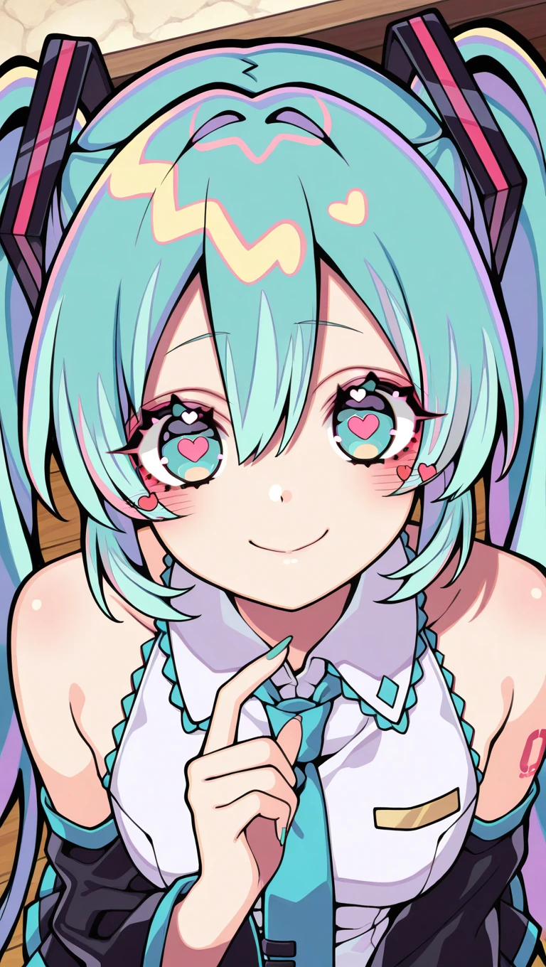(masterpiece),best quality,amazing quality,very aesthetic,absurdres,newest,perfect body,shiny skin,perfect eyes,detail1eye,well-defined fingers,well-defined fingernails,anime style,indoors,1girl,solo,upper body,(portrait:1.5),looking at viewer,facing viewer,smile,blush,Kyouda Suzuka style,hatsune miku,absurdly long hair,aqua hair,twintails,hair ornament,sidelocks,hair between eyes,parted bangs,aqua eyes,heart-shaped pupils,heart in eye,white shirt,collared shirt,bare shoulders,sleeveless shirt,aqua necktie,detached sleeves,black sleeves,shoulder tattoo,fringe,miniskirt,pleated skirt,zettai ryouiki,black thighhighs,thigh boots,<lora:Hatsune Miku(voc)-Illus-Remake:1.6>,<lora:Kyouda Suzuka[style]-Illus:1.8>,