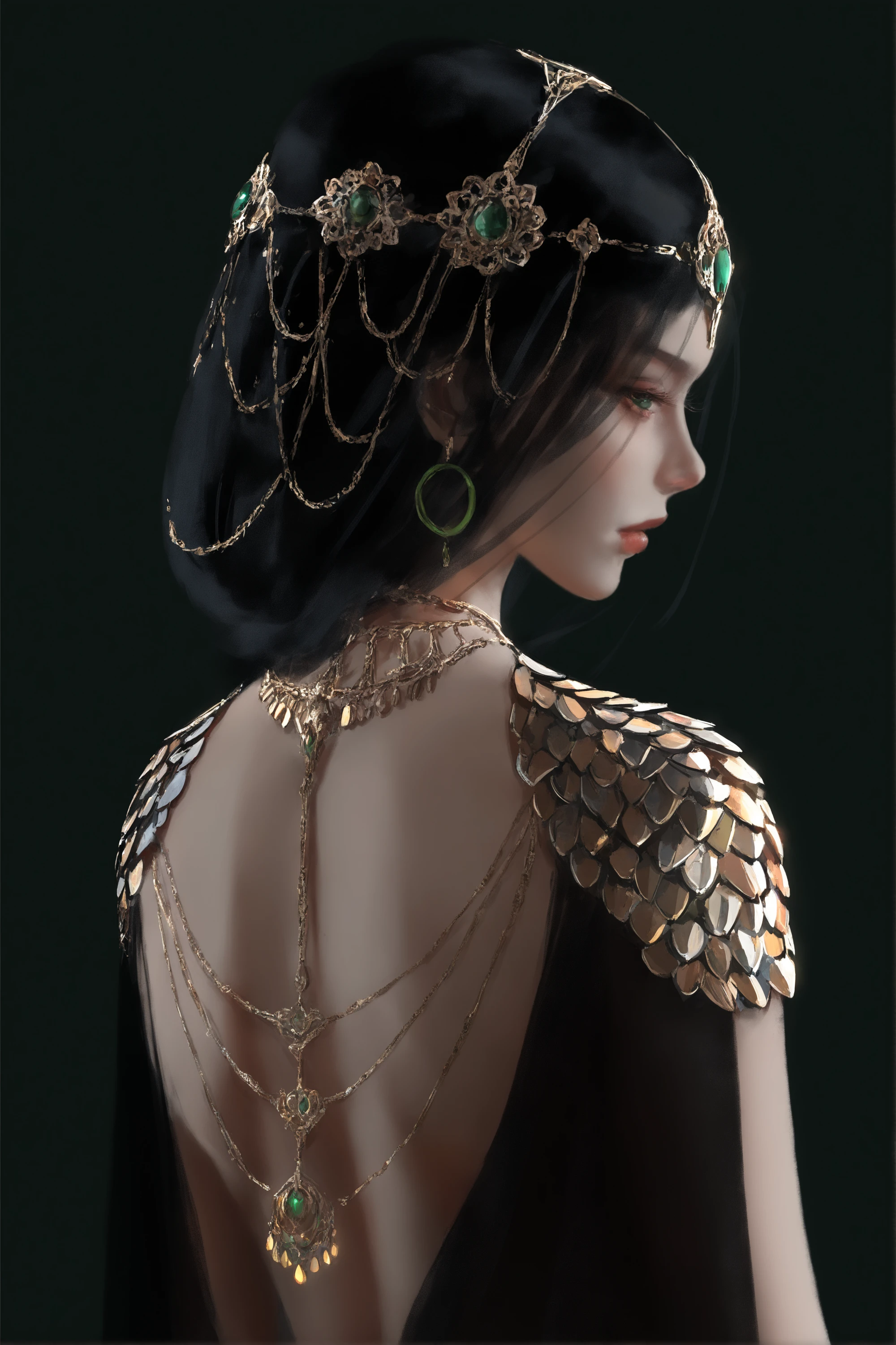 wlop, 1girl,jewelry,solo,black hair,long hair,earrings,gold chain,head chain,from behind,back,necklace,pauldrons,circlet,shoulder armor,gem,upper body,chain,gold,lips,green gemstone,closed mouth,red lips,armor,hair over shoulder,makeup,see-through,simple background,bare back,eyelashes,green eyes,shoulder blades,profile,a side profile of a female figure adorned with intricate jewelry. she has dark hair, and her head is crowned with a golden chain with green gemstones. the jewelry includes multiple layers of gold chains, some of which are draped over her shoulder and back, and others are wrapped around her neck. the backdrop is a muted, dark shade, emphasizing the figure and her ornate accessories.