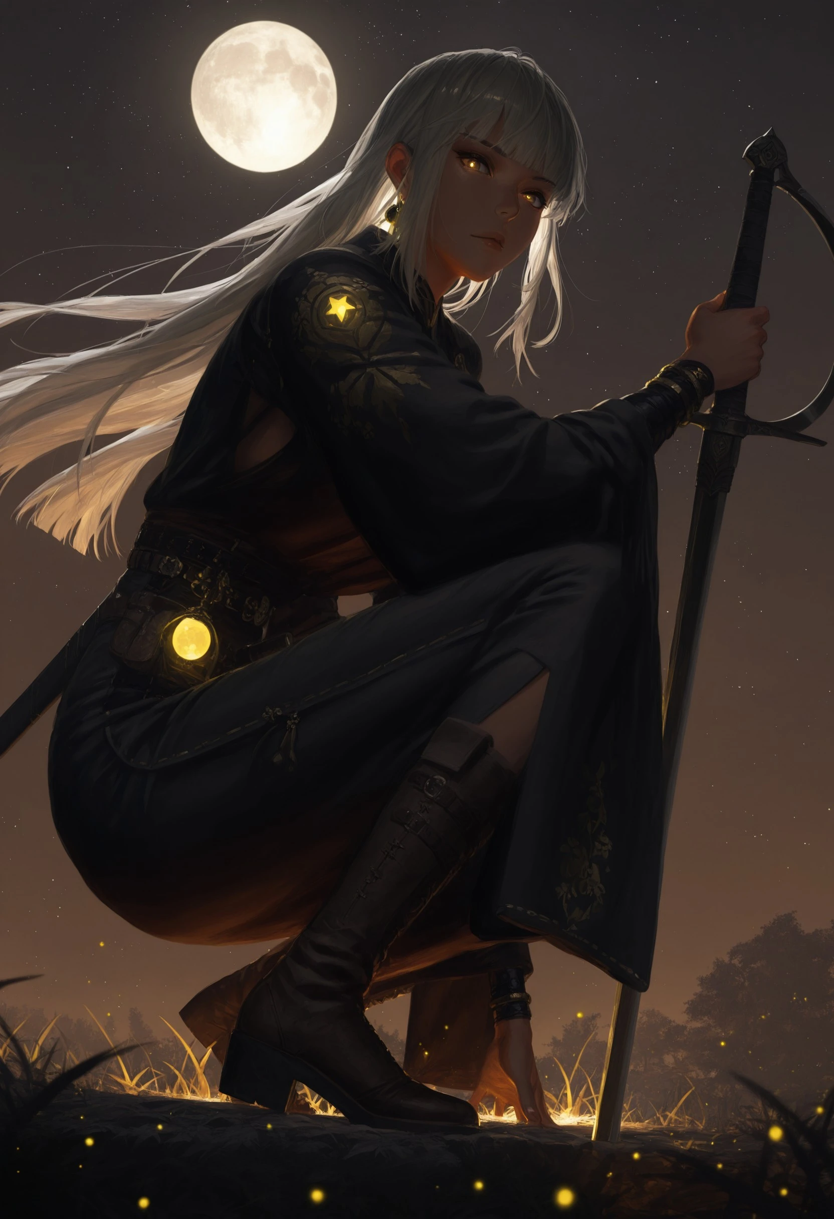gwe1z, weapon, 1girl, sword, moon, solo, white hair, yellow eyes, holding, night, holding weapon, holding sword, full moon, (scimitar), curved sword, star (sky), squatting, sky, boots, sidelocks, starry sky, outdoors, bangs, glowing, night sky, blunt bangs, long hair, sheath, wide sleeves, looking at viewer, plant, jewelry, detailed lighting, light particles, masterpiece, masterfully drawn, amazing quality, best quality, elegantly detailed, very aesthetic, latest, <lora:5cff78a6-6879-49b7-b6ed-7d1f15a6d2e4:0.9>
