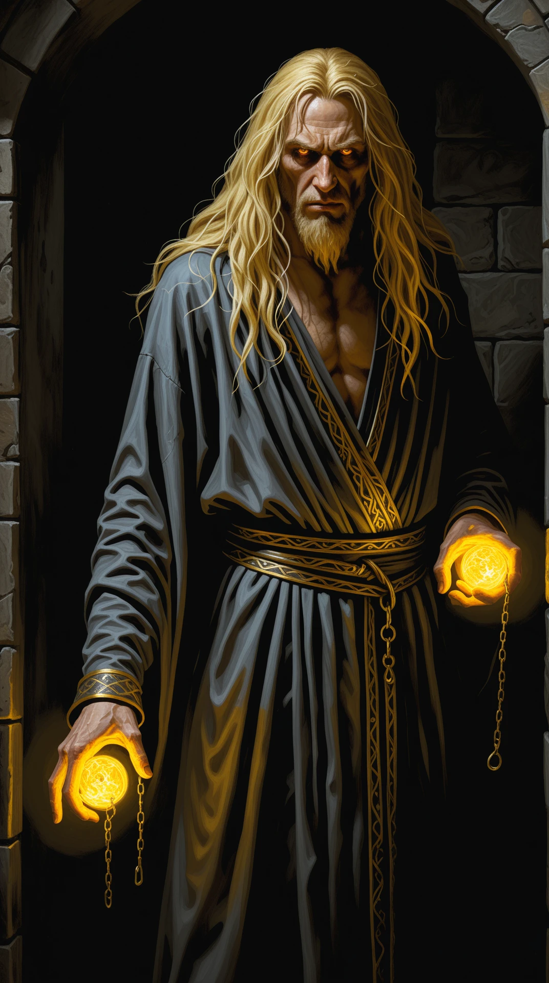 A closeup of a A spectrally lit male prisoner with golden locks cascading and glowing eyes, his emaciated frame wrapped in frayed wizard robes, stands in stark contrast against the darkness lurking behind him in this captivating medieval fantasy scene. The shadow monster menacingly looms, creating a chilling atmosphere. This intricate and vivid painting depicts a haunting tale of captivity and impending danger, masterfully blending elements of fantasy and horror with exquisite detail and depth.,