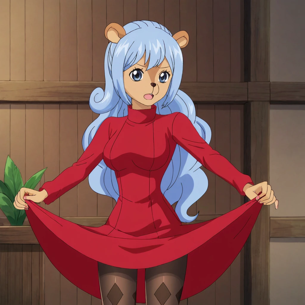 <lora:Tristan_pony_v1:.8> Tristan, 1girl, blue hair, animal ears, tail, long hair, ponytail, blue eyes, breasts, dark skin, cowboy shot, <lora:0965 Home wear 12_v1_pony:1> ruanyi0965,red dress,short dress,black pantyhose,argyle legwear,turtleneck,dress lift,bottomless,long sleeves
