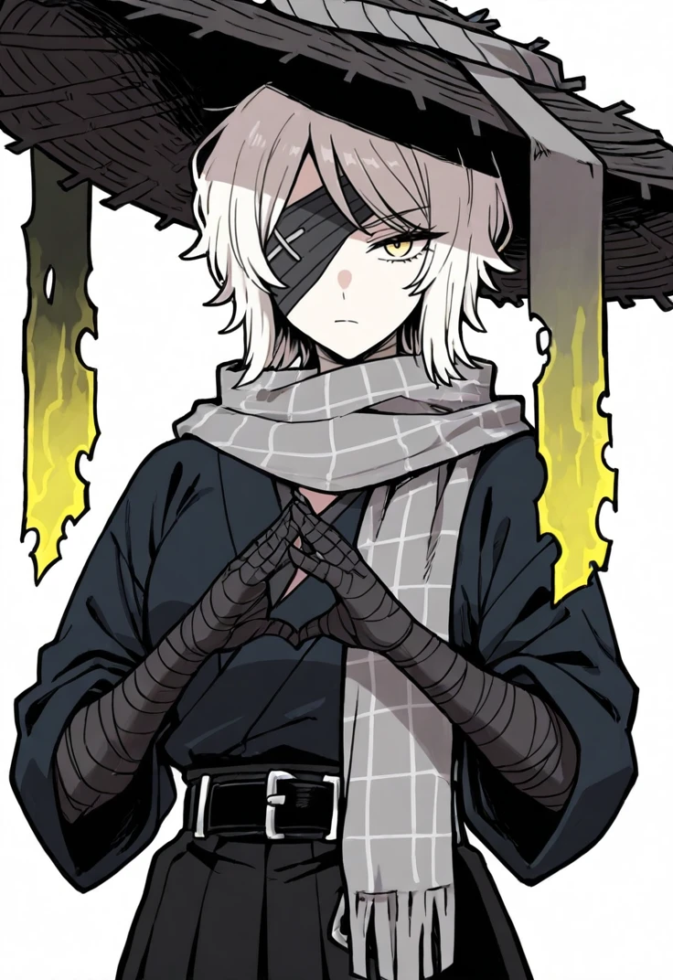 masterpiece, perfect face, beautiful face, perfect hands, beautiful hands, <lora:Faust_Limbus_Illustrious:1>, 1girl, solo, FaustLimbus, white hair, short hair, yellow eyes, FaustHeishou, black asian conical hat, black eyepatch, grey scarf, black kimono, black hakama, black belt, bandaged arm, black bandages, upper body, portrait, simple white background, looking at viewer, serious face