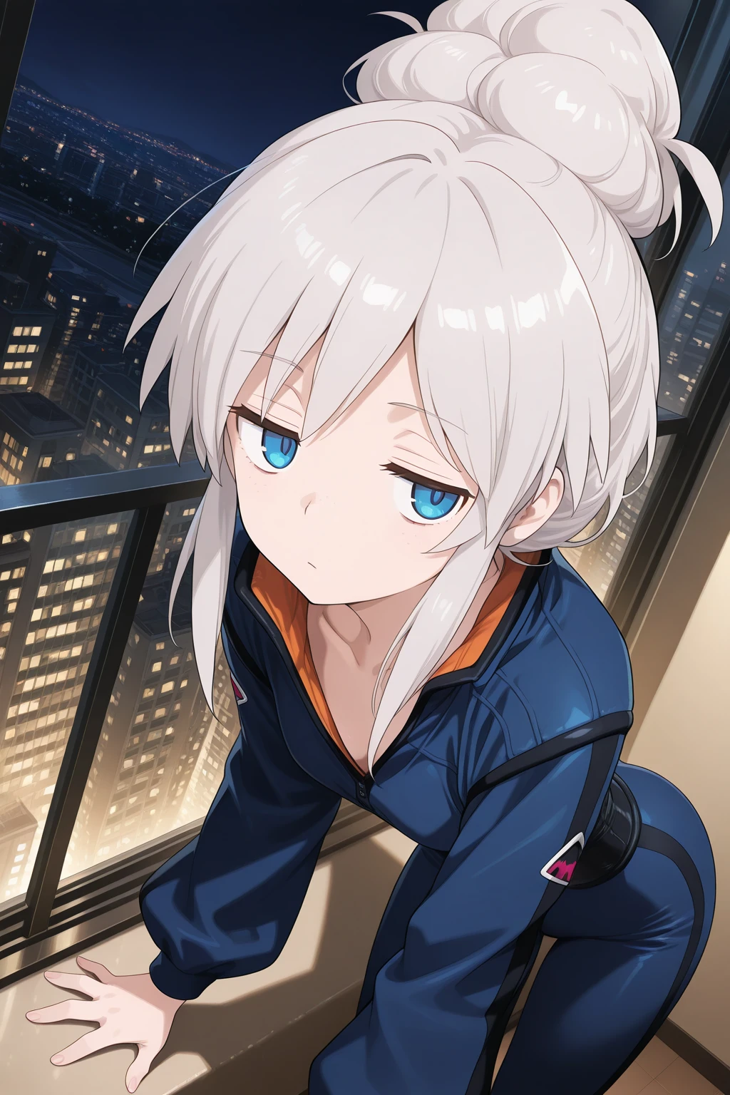 1girl,
DeuxMurasameGundamGQ, DMPilotSuit,
general, solo, perspective, dutch angle, upper body,
grey hair, blue eyes, colored eyelashes, collarbone,
jitome,
blue bodysuit, two-tone bodysuit,
leaning forward,
looking at viewer,
night, apartment, glass wall, balcony, soft lighting,
depth of field,
<lora:kp_DeuxMurasameGundamGQIllustrious_v1_1:1.0>,
masterpiece, best quality, amazing quality