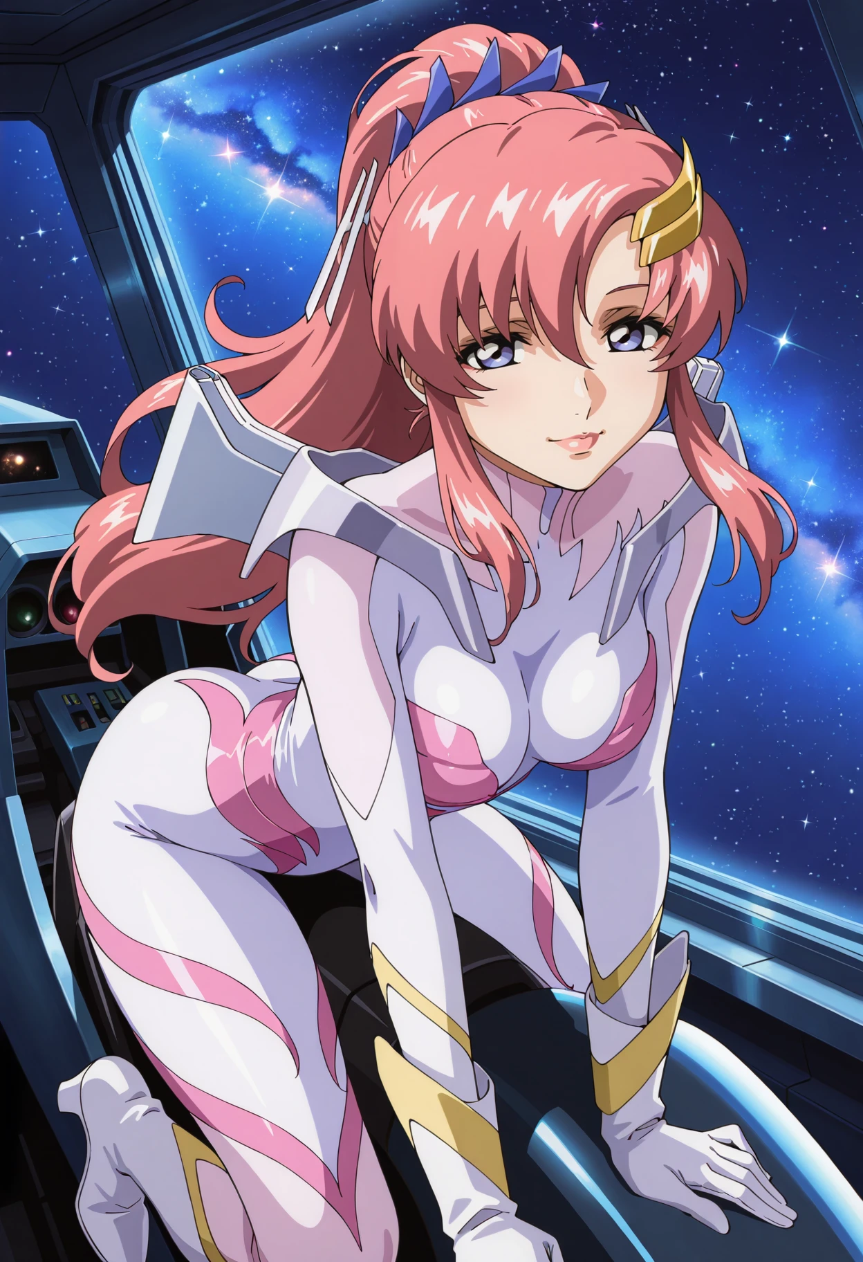 masterpiece,best quality,amazing quality,very aesthetic,absurdres, explicit,<lora:lacus_c_IL1-300009:0.85> lacus_c, 1girl, anime coloring, retro artstyle,solo, long hair, high ponytail, pink hair, hair ornament, hair between eyes, purple eyes, lipstick, lacus pilot suit, pink white bodysuit, pilot gloves, shoulder armor, pilot boots, high heels, medium breasts, half-closed eyes, light smile, closed mouth, riding, leaning forward,cockpit,window, space, starry sky, spaceship interior, space, looking at viewer,