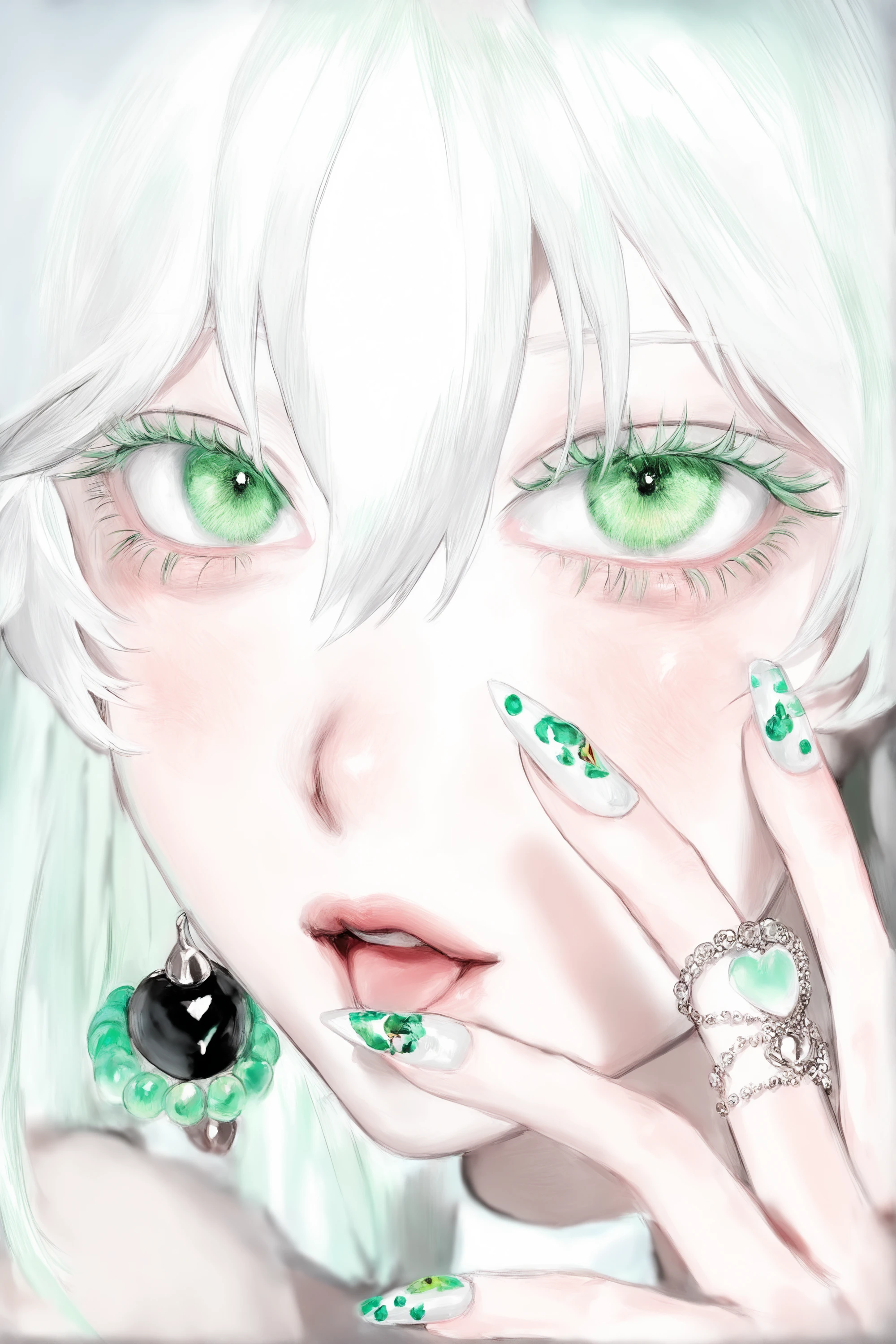 style_17, a close-up of a person's eye and face. the eye is prominently green with intricate details, including the iris, pupil, and eyelashes. the person's skin appears pale, and there are subtle pinkish hues around the eye. the individual's fingers, adorned with white nail polish and small green gem-like decorations, are touching the face near the eye. the art style seems to be a blend of realism with a touch of fantasy, given the ethereal quality of the image.,eye focus,solo,white hair,green eyes,close-up,1boy,fingernails,male focus,looking at viewer,nail art,eyelashes,ring,green nails,gojou satoru