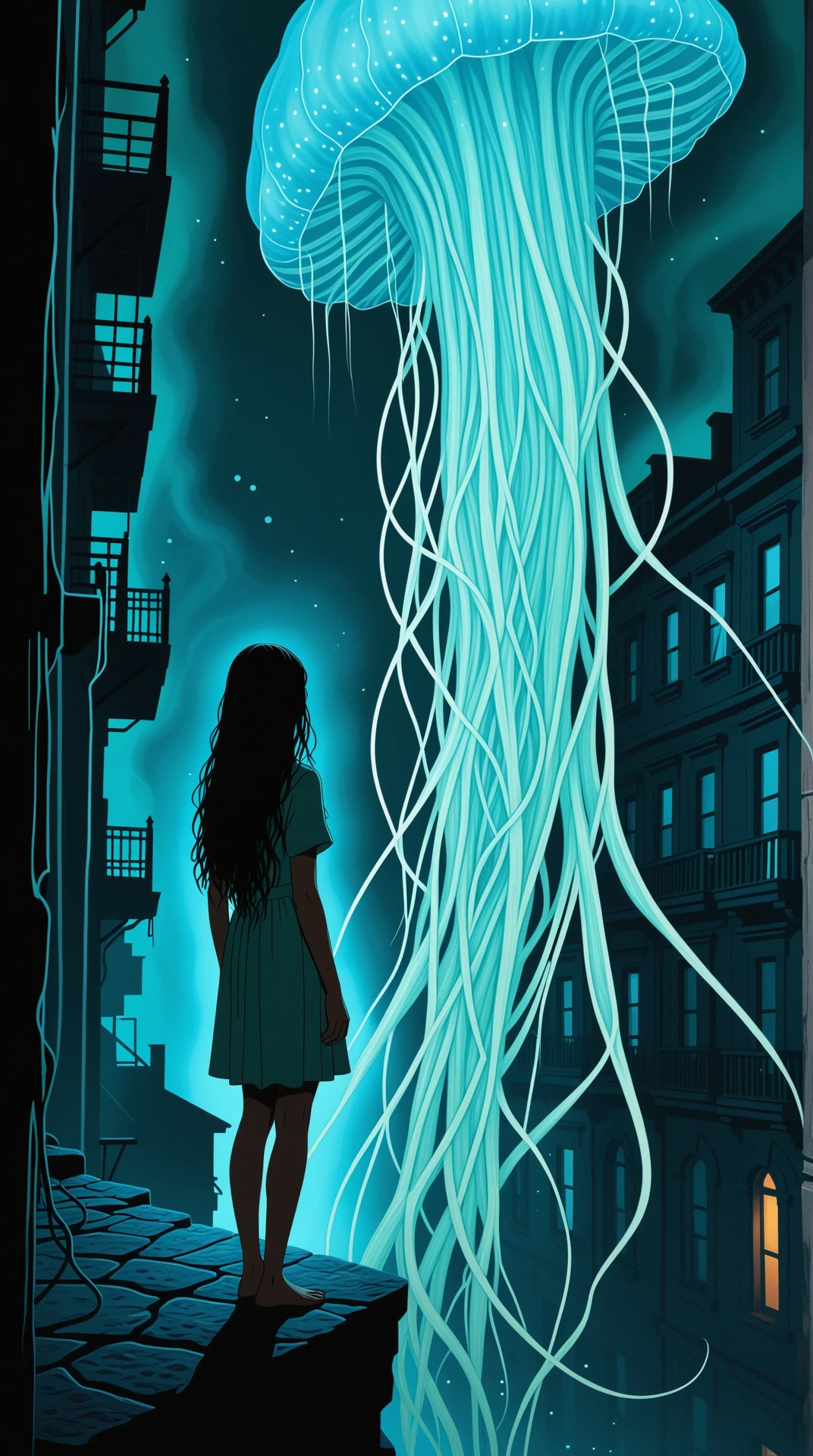 A closeup of a A mysterious, humanoid figure with iridescent, scaly skin and long, flowing hair that resembles the tendrils of a jellyfish, stands at the edge of a surreal, optical illusion town, where buildings seem to shift and melt into each other, creating impossible perspectives and gravity-defying architecture. The figure's eyes glow with an ethereal light, as they gaze out into the dark, seemingly bottomless abyss that lies beyond the town's edge, where translucent sea creatures, their bodies aglow with a soft, blue-green light, undulate and pulse like living lanterns, casting an otherworldly glow over the scene. The figure's slender, elongated body appears to be merging with the surrounding architecture, as if they are becoming one with the shifting, dreamlike landscape, and their long hair flows out into the abyss like a ghostly, bioluminescent tendril, as if beckoning the glowing sea creatures closer.,