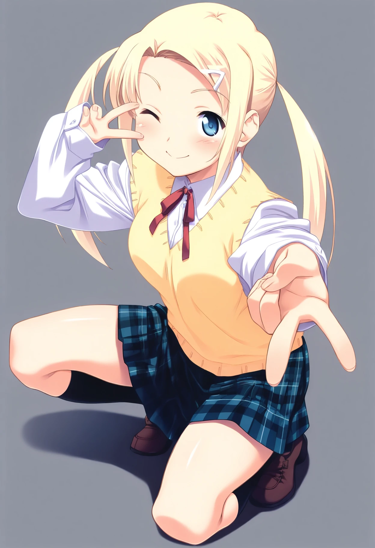 masterpiece, 1girl, ct_yuzu, blonde hair, twintails, long hair, white hairclip, white collared shirt, long sleeves, yellow sweater vest, red neck ribbon, plaid skirt, c-gya, v, looking at viewer, simple background, squatting, v over eye, one eye closed, happy, double v,