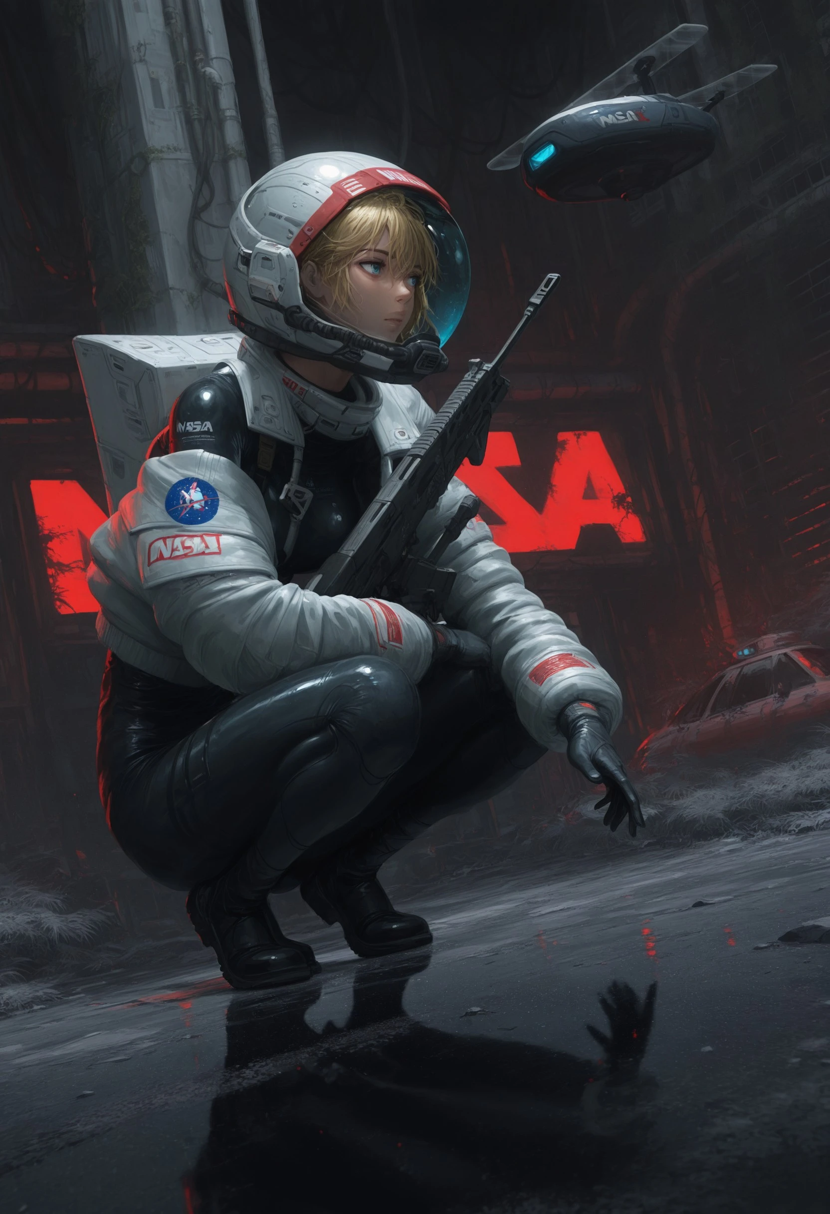 gwe1z, 1girl, solo, space_helmet, (((looting))), blue_eyes, sci-fi, nasa punk, crouching, reaching, skin_tight, bodysuit, layered_outfit, oversized jacket, oxygen_tank, scanner, (((old technology))), red light, drone, post-apocalypse, overgrown, dilapidated, reflection, (looking away), (unaware), holding, holding_weapon, assault_rifle, submachine_gun, dynamic dutch angle, scenery, masterpiece, masterfully drawn, amazing quality, best quality, elegantly detailed, very aesthetic, latest, <lora:5cff78a6-6879-49b7-b6ed-7d1f15a6d2e4:0.9>
