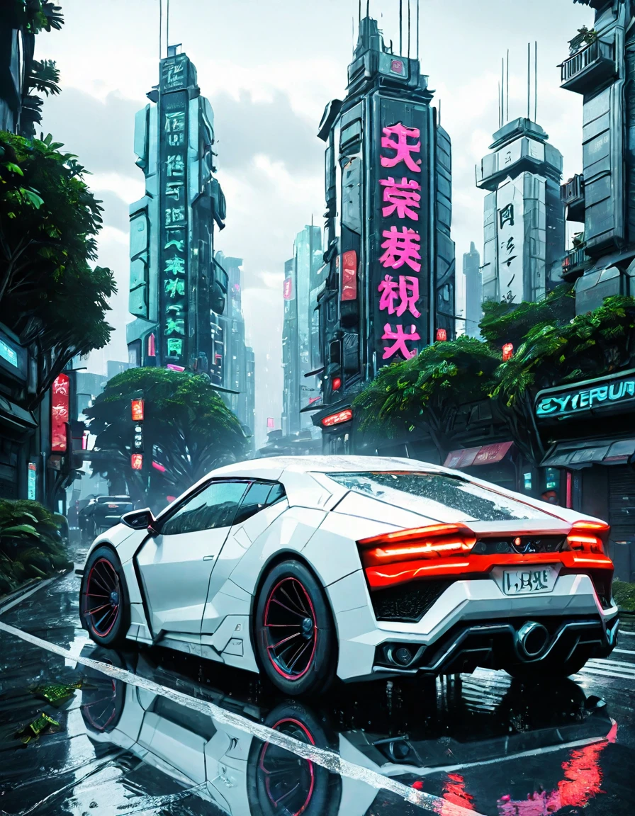 <lora:SW_Minis_7illc:1> cyberpunk futuristic design car on a wet street, cyberpunk city, cyberpunk cityscape, signs, kanji, neons, day, rain, vegetation, illuminated, from side,