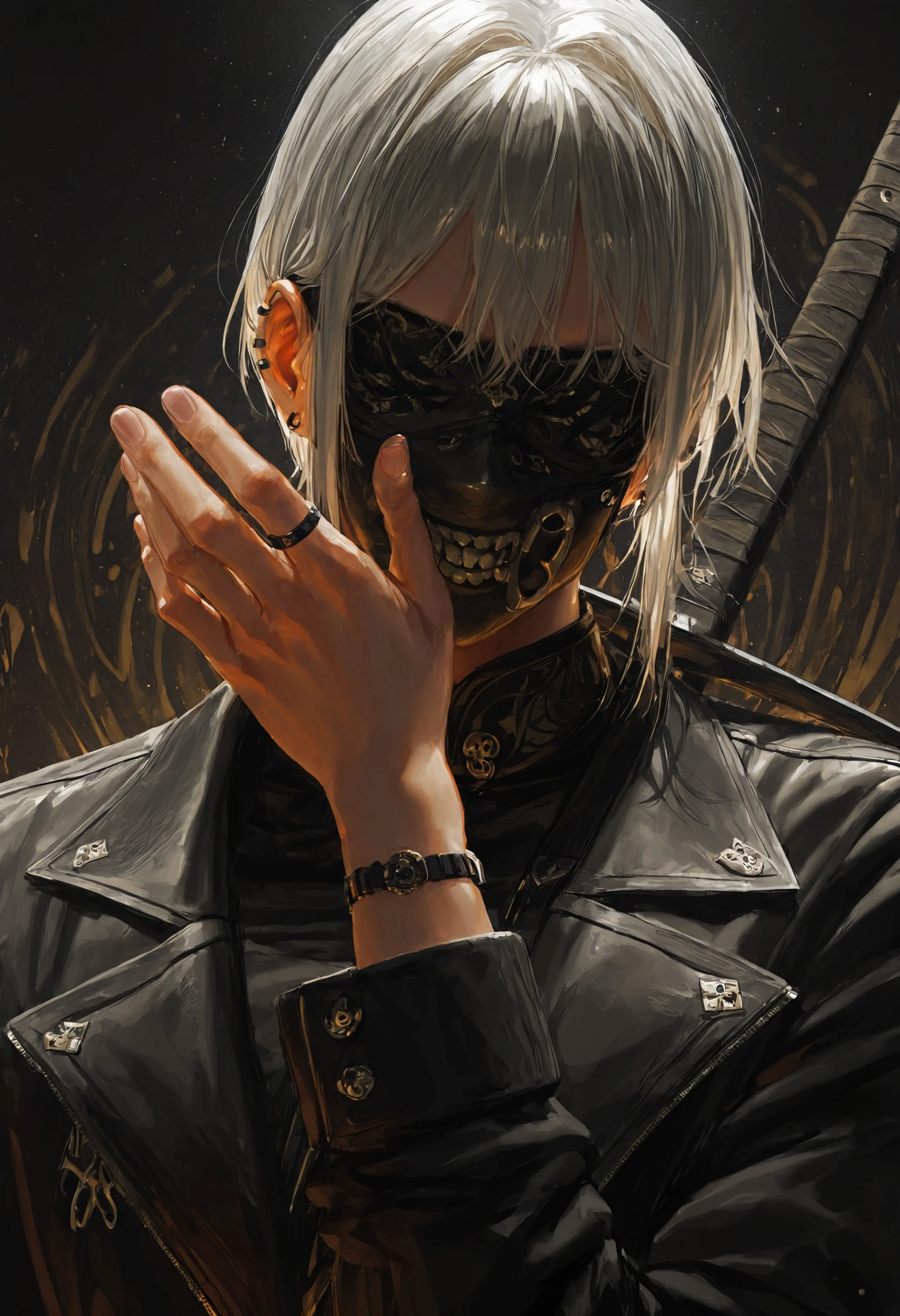 gwe1z, 1boy, male focus, solo, holding, mask, long sleeves, black jacket, upper body, short hair, jacket, white hair, high collar, blindfold, weapon, piercing, jewelry, ear piercing, facing viewer, holding weapon, hand up, bangs, ring, masterpiece, masterfully drawn, amazing quality, best quality, elegantly detailed, very aesthetic, latest, , <lora:d29f3ad3-7d90-4457-b76d-a3f076aa876e:0.9>