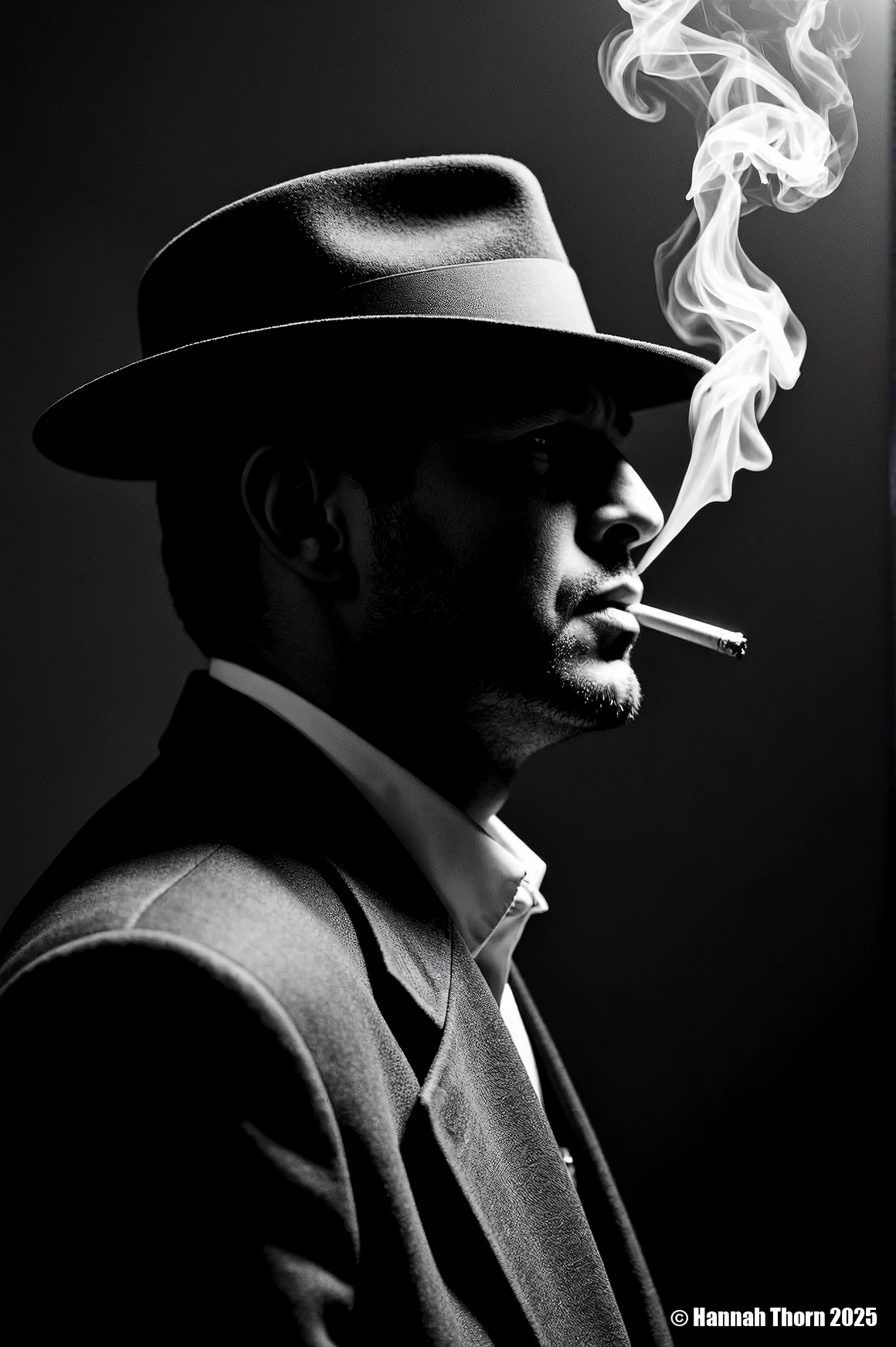A mysterious, contemplative man, mid-40s, wearing a classic fedora and sharp suit, exhaling a plume of cigarette smoke, his face obscured by shadow, conveying an enigmatic, weary demeanor. Inspired by classic film noir cinematography, the stark chiaroscuro of Caravaggio, and the dramatic portraiture of Gordon Parks. Captured with a vintage 85mm prime lens at f/1.4, medium close-up, slightly low-angle perspective, ensuring shallow depth of field. Exquisite, hard rim lighting from the top-right creates a sharp, luminous outline on the hat brim, rising smoke, and suit shoulder, against a deep, inky black background with dramatic fall-off. Dense, ethereal smoke curls upwards, adding dynamic atmospheric depth. Powerful, off-center composition utilizing the rule of thirds, emphasizing strong diagonal lines and a dominant silhouette. Gritty, high-contrast black and white, subtle film grain, sharp focus, timeless cinematic grade.<lora:_Flux\_Film-Retro\Film_Noir.safetensors:0.6000000000000001:0.6000000000000001>