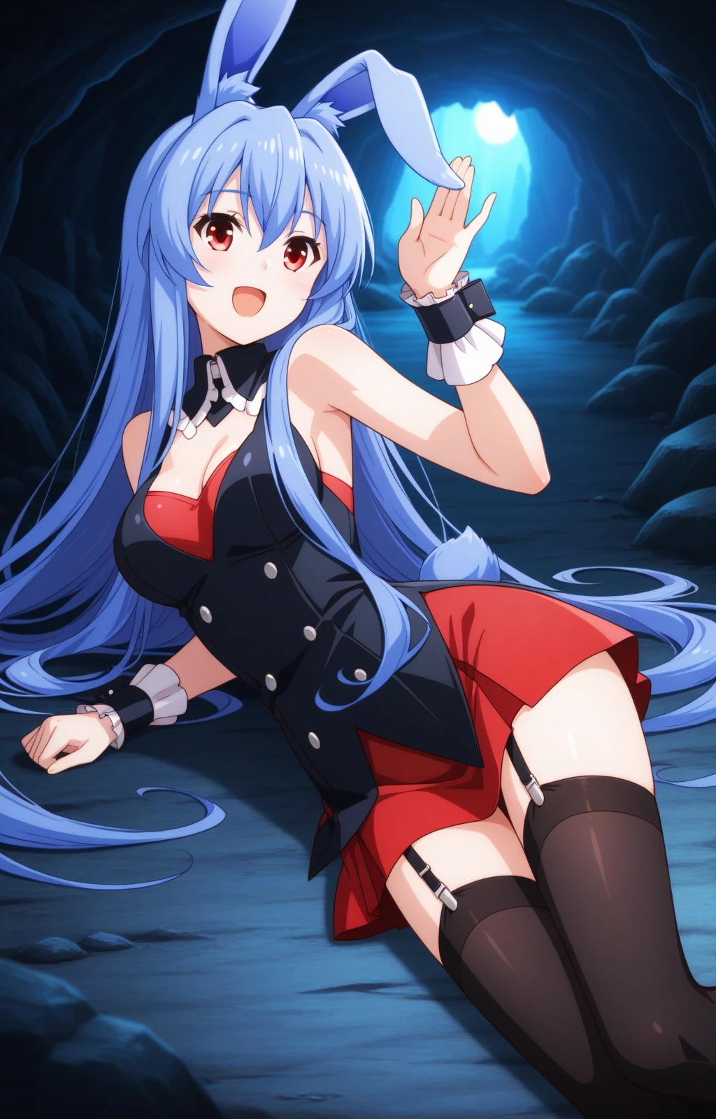 1 girl, game CG, orange mini dress, visible cleavage, visible shoulders, visible navel, black witch hat, cloak, orange panties, string hair ribbon, gigantic breasts, light blue hair, middle hair, two side up, blue eyes, Halloween background,