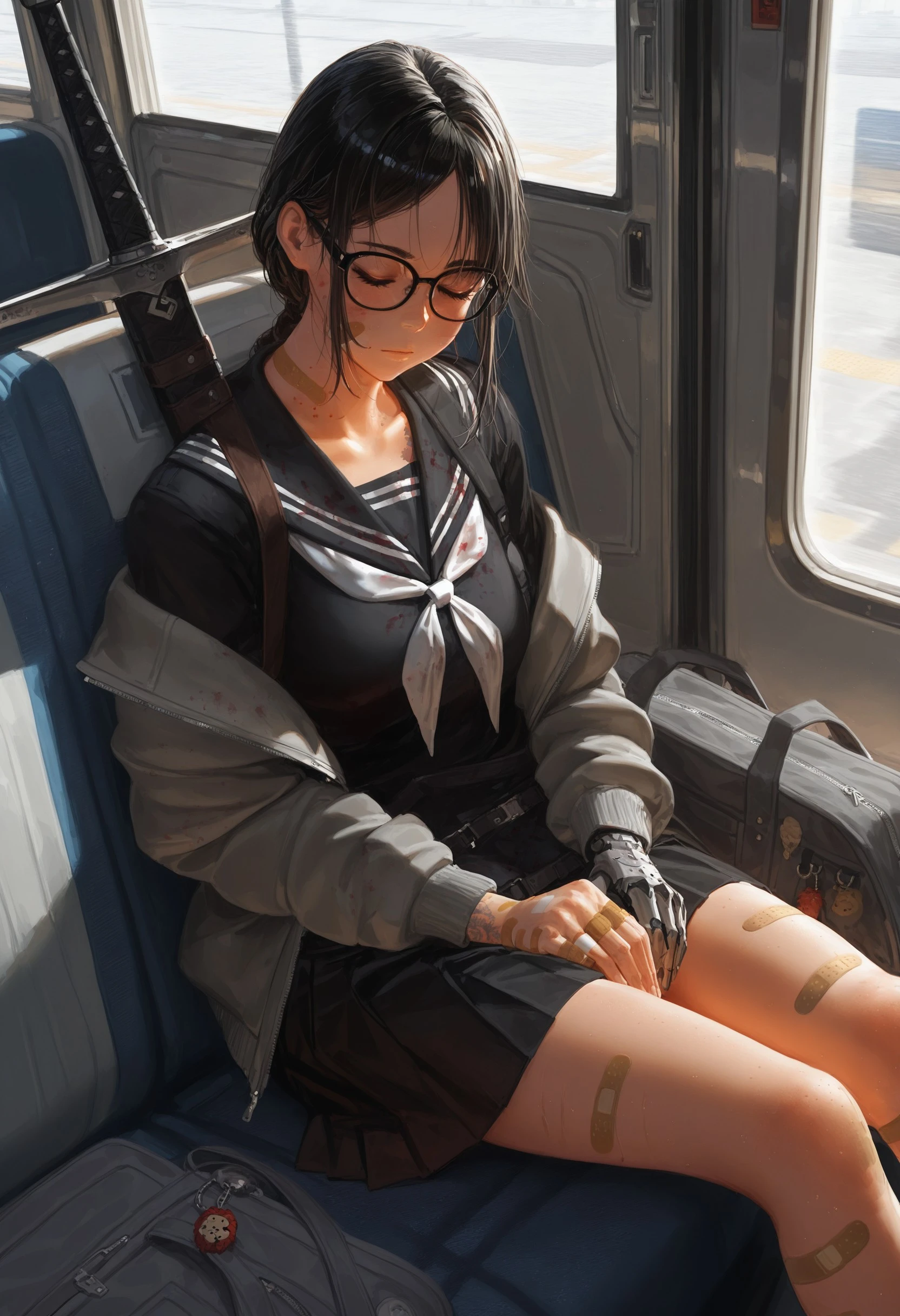 gwe1z, 1girl, arm_tattoo, bag, bag_charm, bandaid, bandaid_on_cheek, bandaid_on_face, bandaid_on_hand, bandaid_on_leg, bandaid_on_neck, black-framed_eyewear, black_sailor_collar, black_serafuku, black_shirt, black_skirt, blood, blood_on_clothes, blood_on_face, bus_interior, charm_(object), closed_eyes, closed_mouth, day, fingernails, forehead, glasses, grey_bag, grey_jacket, jacket, knees_up, long_sleeves, off_shoulder, open_clothes, open_jacket, own_hands_together, parted_bangs, pleated_skirt, prosthesis, prosthetic_hand, sailor_collar, scabbard, school_uniform, serafuku, sheath, shirt, sitting, skirt, solo, sword, tattoo, weapon, zipper, zipper_pull_tab, detailed lighting, masterpiece, masterfully drawn, amazing quality, best quality, elegantly detailed, very aesthetic, latest, <lora:5cff78a6-6879-49b7-b6ed-7d1f15a6d2e4:0.9>
