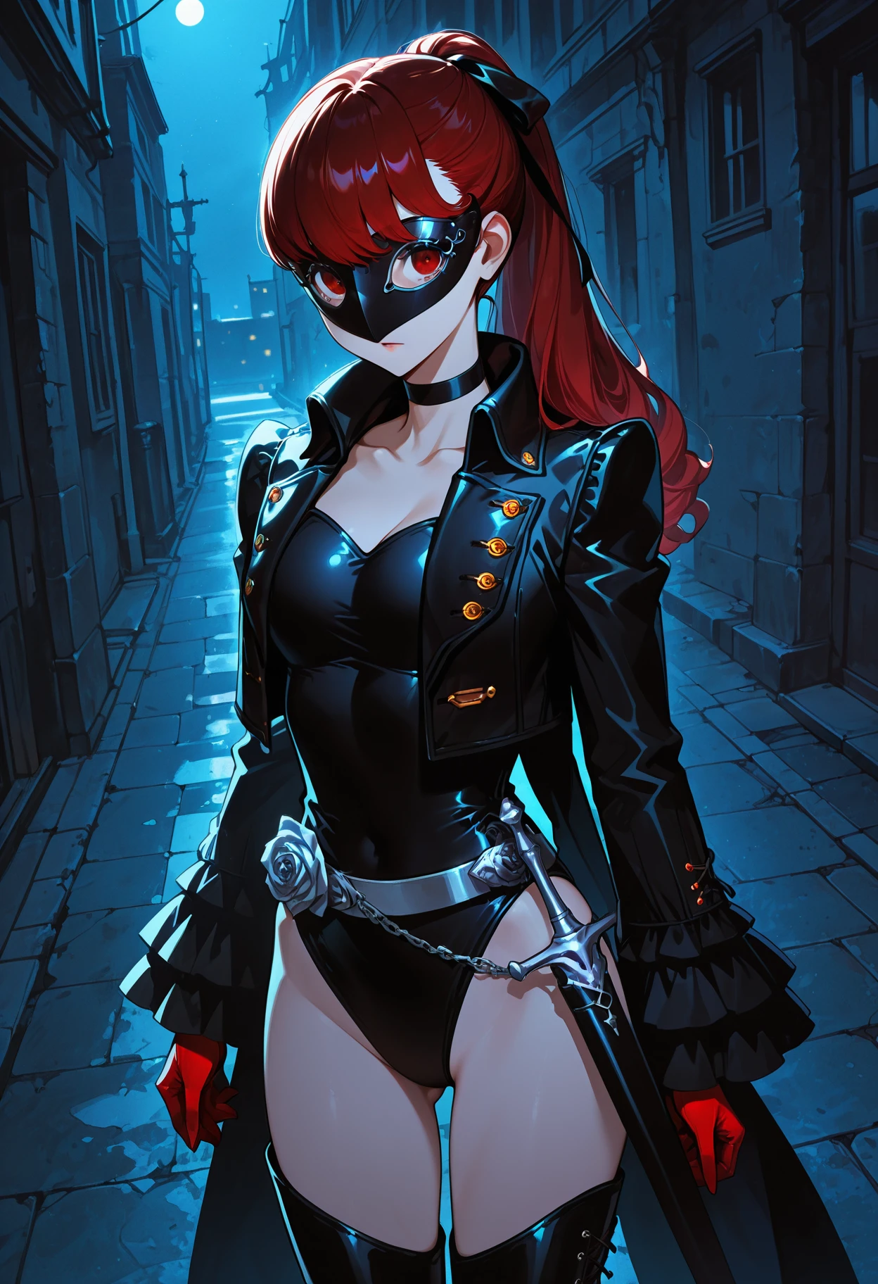 (masterwork, masterpiece, best quality, hyper-detailed :1.2),
1 girl, solo, cowboy shot, looking at viewer, dark, moonlight,
p5yoshizawa, long hair, red hair, bangs, burgundy eyes,
p5yoshizawa-violet, long hair, red hair, bangs, ponytail, black hair bow, black choker, black jacket, open jacket, coattails, black leotard, silver belt, sheath, silver rose, frilled sleeves, red gloves, black thigh boots, high heels, thighhighs, mask,
detailed background, street, alleyway,