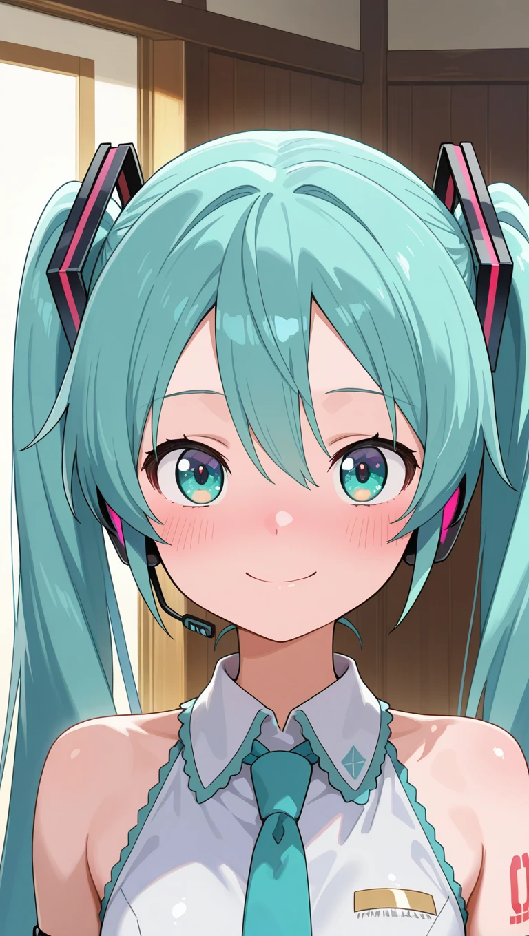 (masterpiece),best quality,amazing quality,very aesthetic,absurdres,newest,perfect body,shiny skin,perfect eyes,detail1eye,well-defined fingers,well-defined fingernails,anime style,indoors,1girl,solo,upper body,(portrait:1.5),looking at viewer,facing viewer,smile,blush,Medalist anime style,hatsune miku,absurdly long hair,aqua hair,twintails,hair ornament,sidelocks,hair between eyes,parted bangs,aqua eyes,pointy nose,white shirt,collared shirt,bare shoulders,sleeveless shirt,aqua necktie,detached sleeves,black sleeves,shoulder tattoo,fringe,miniskirt,pleated skirt,zettai ryouiki,black thighhighs,thigh boots,<lora:Hatsune Miku(voc)-Illus-Remake:1.6>,<lora:Medalist anime[style]-Illus :2>,