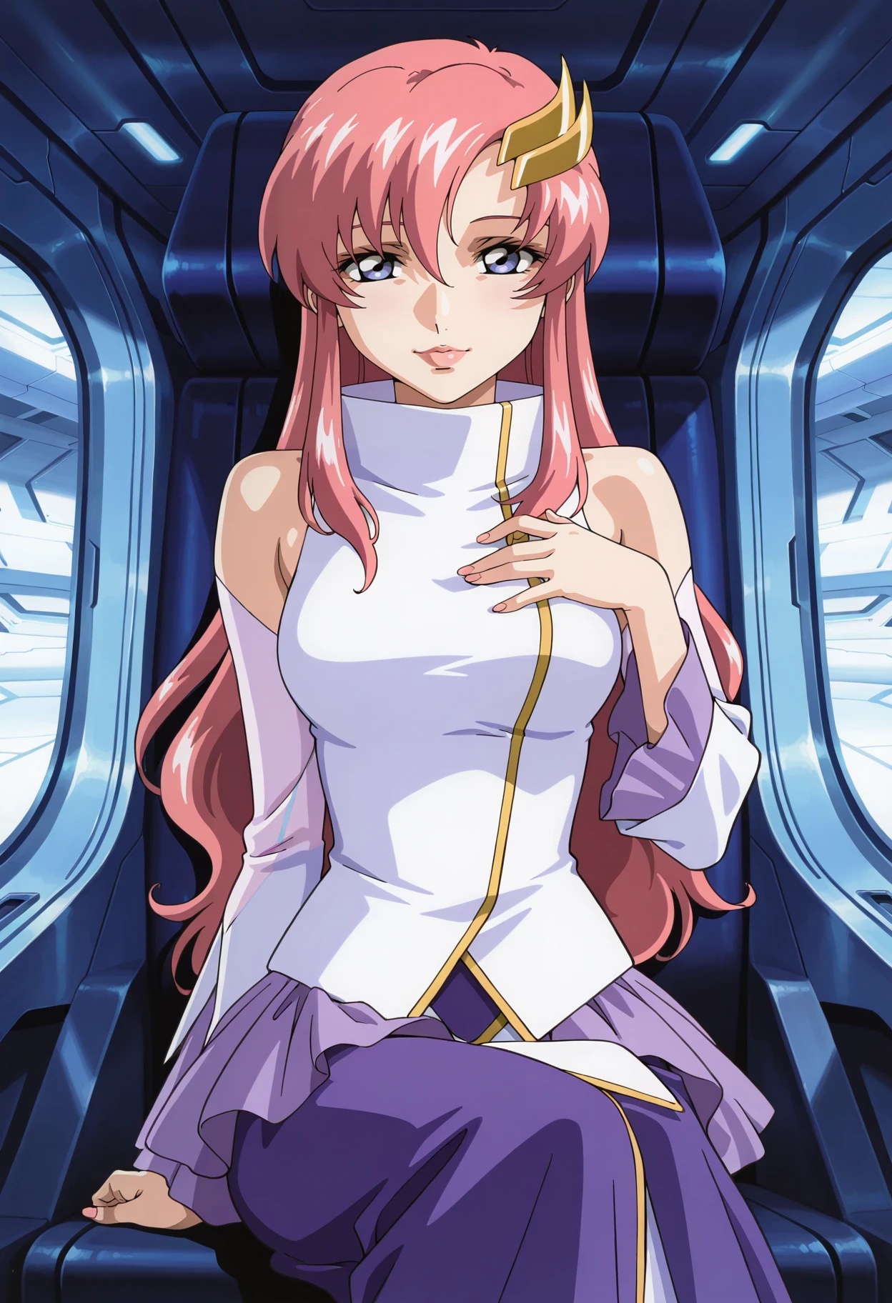 masterpiece,best quality,amazing quality,very aesthetic,absurdres, explicit,<lora:lacus_c_IL1-300009:0.85> lacus_c, 1girl, anime coloring, retro artstyle,solo, long hair, pink hair, hair between eyes, purple eyes, lips, lipstick, lacus white dress, turtleneck,bare shoulders, detached sleeves,purple skirt, lacus long skirt, medium breasts, hand on own chest, hand on own chest, half-closed eyes,light smile, looking at viewer, spaceship interior