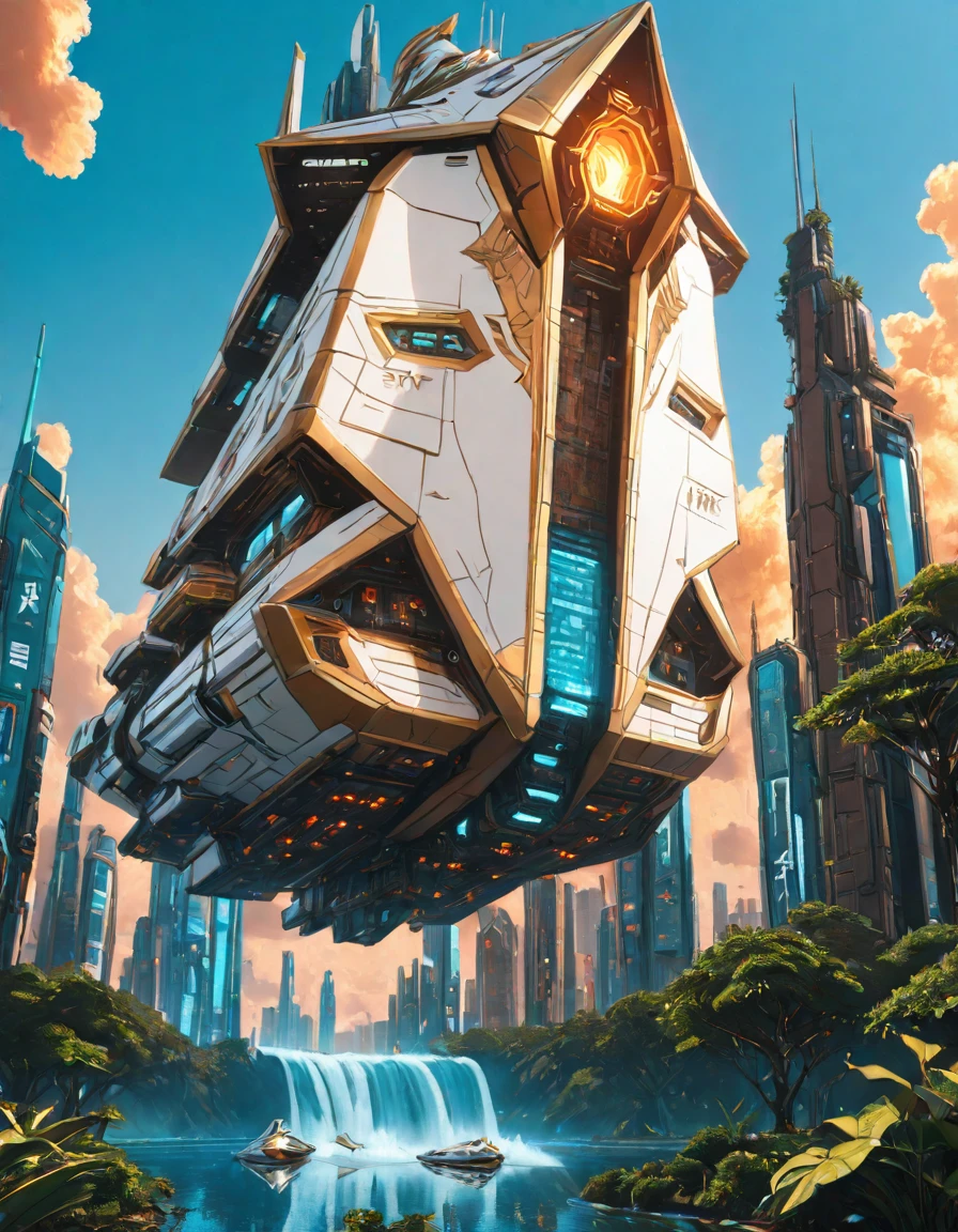 <lora:SW_Minis_7illc:1> angular design white spacecraft flying over a forest with rich jungle environment mixed with cyberpunk buildings and structures, blue, breaking in, brown, cyberpunk cityscape, epic details, epic scale, fantasy, fire sky, from low angle view, gold, huge flying angular design white mothership, illuminated, lake, neons, open jaw, person, t9, tiny vegetation, tree, vegetation, waterfall, yellow