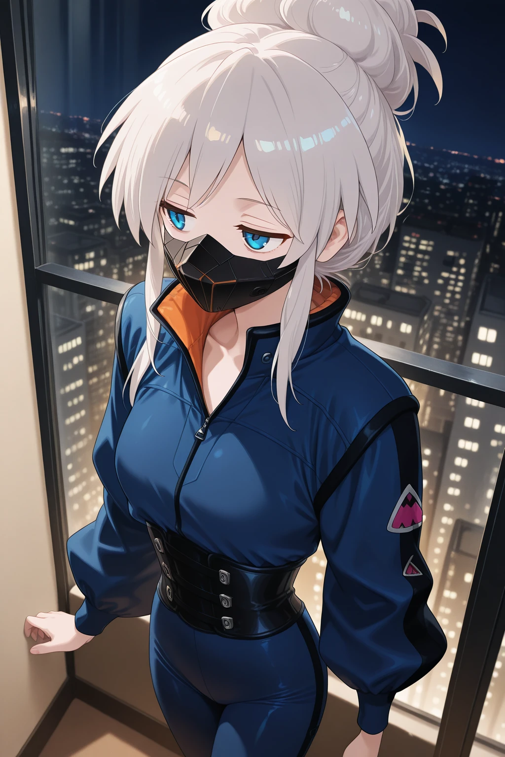 1girl,
DeuxMurasameGundamGQ, DMPilotSuit,
general, solo, perspective, upper body,
grey hair, blue eyes, colored eyelashes, jitome,
mouth mask,
popped collar, blue bodysuit, two-tone bodysuit, corset,
looking away,
night, apartment, glass wall, balcony, soft lighting,
depth of field,
<lora:kp_DeuxMurasameGundamGQIllustrious_v1_1:1.0>,
masterpiece, best quality, amazing quality