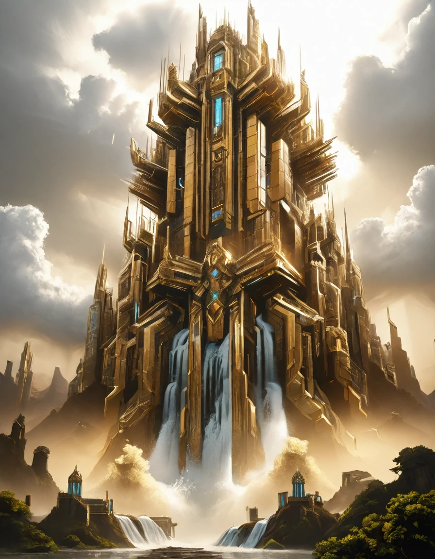<lora:SW_Minis_7illc:1> blue, brown, dark, day, epic scale, fantasy, furious, futuristic science fiction huge mega structure building, gold, illuminated, in the fog, mountains, t3, tiny humans under, waterfall, yellow