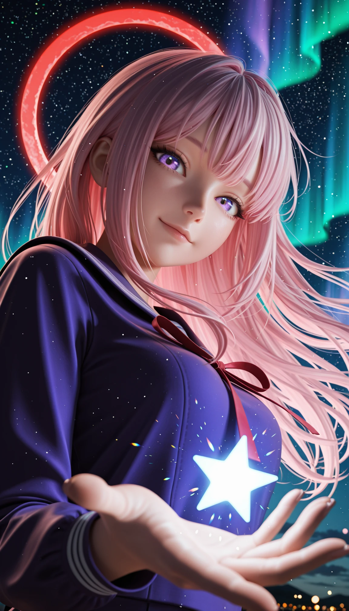 masterpiece, best quality, amazing quality, 4k, very aesthetic, high resolution, ultra-detailed, absurdres, newest, scenery, 3d, rendered, colorful, rim light, backlit, cosmic sky, aurora, chaos, fashion photography of busty cute girl, (cute:1.2), intense long pink hair, long hair, choppy bangs, nebulae cosmic purple eyes, rimlit eyes, dynamic pose, bokeh, purple serafuku with big red ribbon, red annular solar eclipse halo, perfect night, fantasy background, looking at viewer, light smile, glowing star in hand, (colorful light particles:1.2), (face focus:0.7), from below, dutch angle, upper body, head tilt, BREAK, detailed background, blurry foreground, depth of field, volumetric lighting