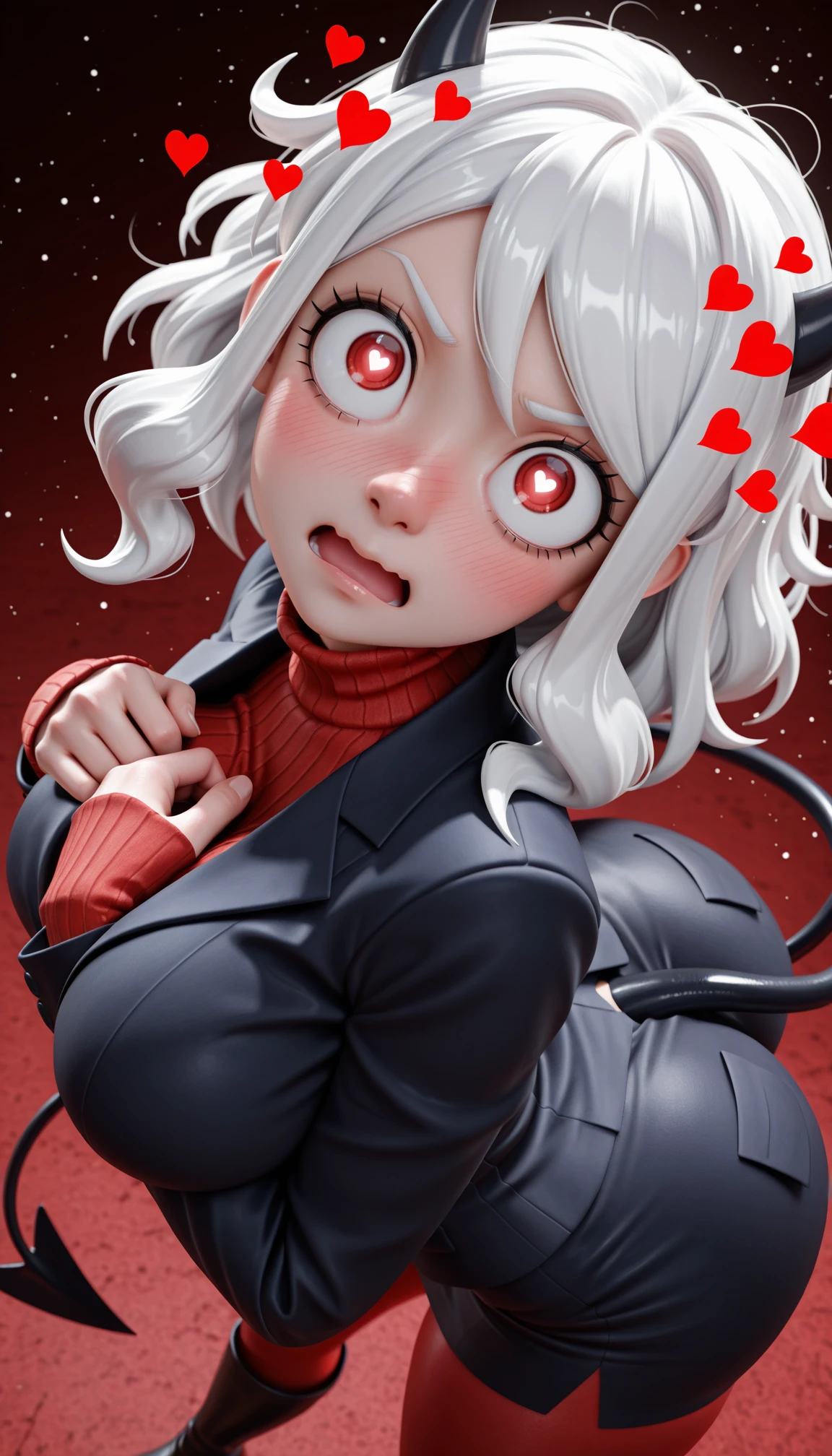 masterpiece, best quality, amazing quality, 4k, very aesthetic, high resolution, ultra-detailed, absurdres, newest, scenery, 3d, rendered, 1girl, solo, cute, modeus\(helltaker\), helltaker, demon girl, black demon tail, red eyes, very big eyes, ringed eyes, heart-shaped pupils AND sanpaku, surprised, v-shaped eyebrows, wide-eyed, open mouth, wavy mouth, black demon horns, short white hair, messy hair, heavy nose blush, huge breasts, formal black jacket, tight black suit, skindentation red turtleneck ribbed sweater sleeves past wrists, large ass, large butt, narrow waist, thick thighs, business skirt, red pantyhose, black knee boots, hearts, looking at viewer, (upturned eyes:1.1), hands on own chest, breast suppress, contrapposto, legs apart, head tilt, hip tilt, twisted torso, leaning forward, arched back, from above, dutch angle, upper body, portrait, close-up, face focus, (fine fabric emphasis, detailed clothes:1.2), heart particles, [red background:helltaker background:11], wide shot, BREAK, detailed eyes, vignetting, detailed background, depth of field, volumetric lighting, ray tracing