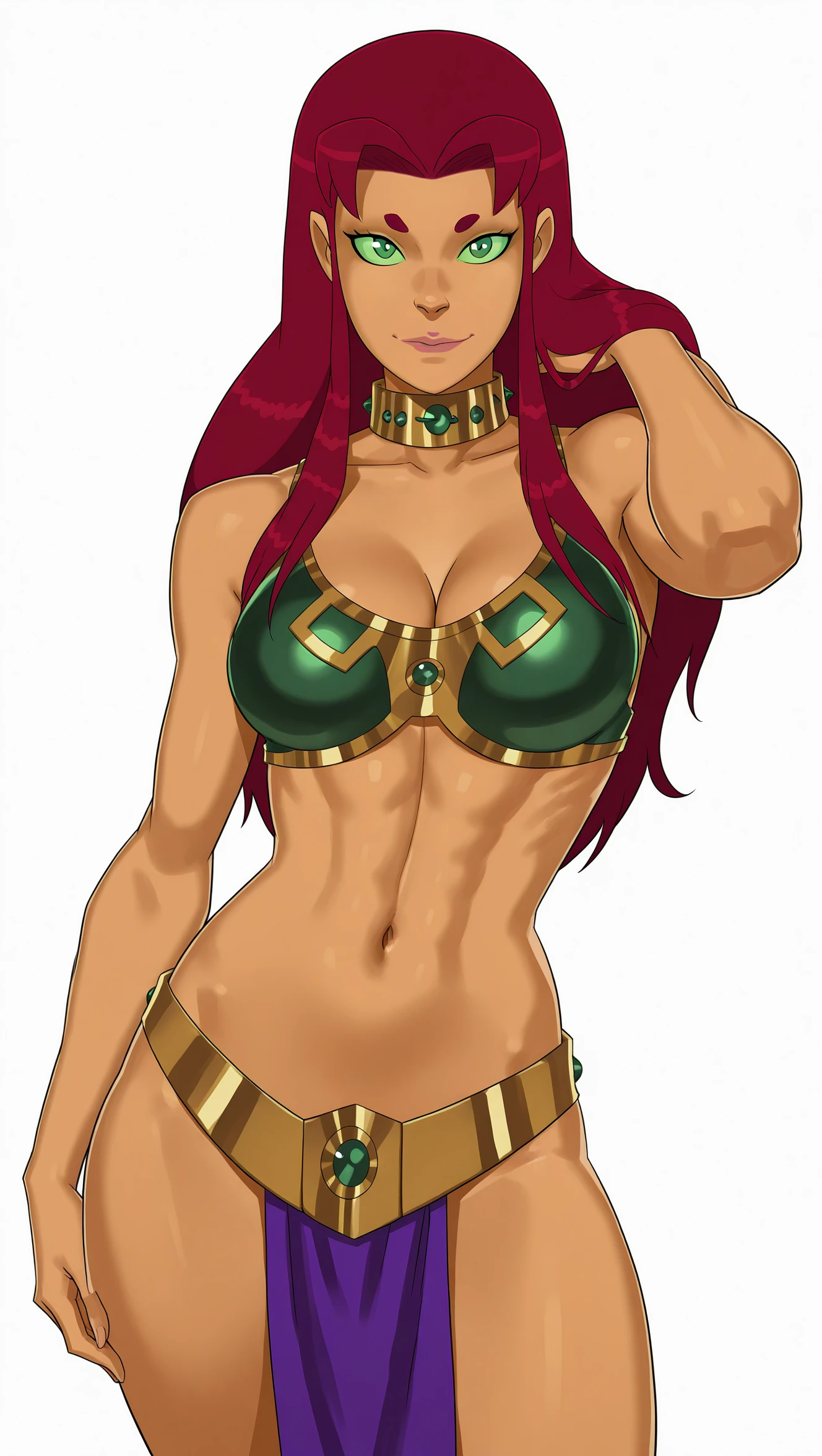 1girl, highly detailed eyes, intricate details, detailed pupils, ((realistic)), round pupils, solo, green eyes, ((red hair)), (long hair), (night dress), ((cartoon)), looking at viewer, seductive smile, soft lighting, (field), portrait, abs, hands on hips,