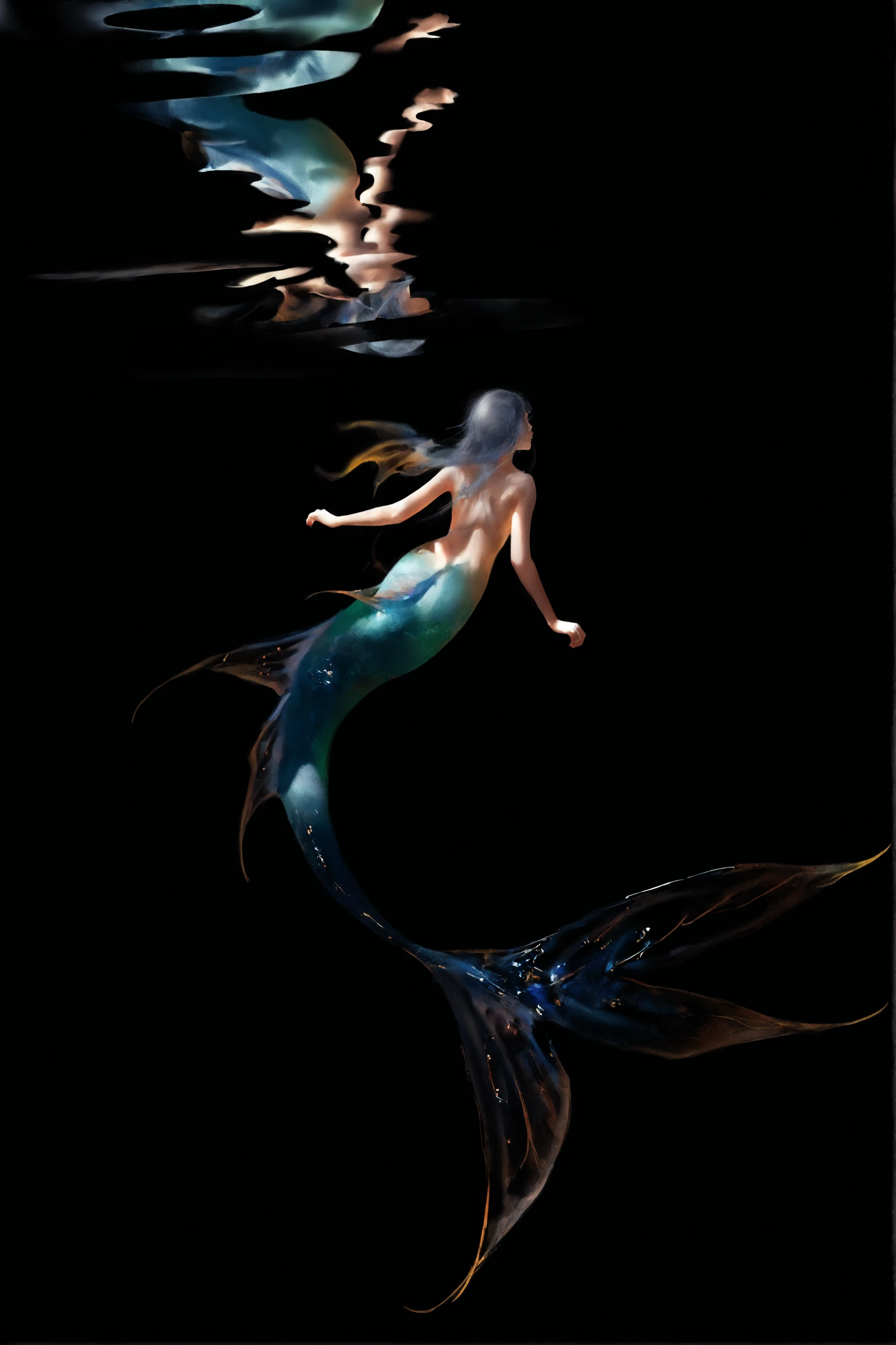 wlop, 1girl,mermaid,monster girl,black background,solo,fins,dark,nude,simple background,scales,underwater,from behind,dark background,a serene underwater scene with a mermaid swimming gracefully. the mermaid has long flowing hair and a translucent tail that glows with a mix of green and blue hues. the water around her is dark, with the only light source illuminating her from the top, casting a soft glow on her body. the reflection of the mermaid can be seen on the water's surface, adding to the ethereal quality of the scene.