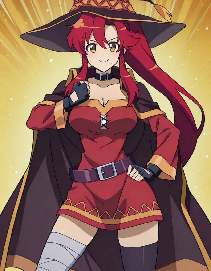 masterpiece, best quality, amazing quality,, <lora:yoko-littner-s1-illustriousxl-lora-nochekaiser:1>, yoko littner, long hair, hair ornament, ponytail, red hair, mature female, breasts, anime screencap, <lora:megumin-cosplay-illustriousxl-lora-nochekaiser:1>, megumin cosplay, megumin (cosplay), thighhighs, gloves, hat, dress, black gloves, belt, black thighhighs, fingerless gloves, cape, collar, witch hat, bandages, red dress, single thighhigh, asymmetrical legwear, bandaged leg,, <lora:giorno-giovannas-pose-illustriousxl-lora-nochekaiser:1>, giorno giovannas pose, giorno giovanna's pose (jojo), jojo pose, hand up, clenched hand, hand on waist, smile, looking at viewer, cowboy shot,, mole_under_mouth, , , ,